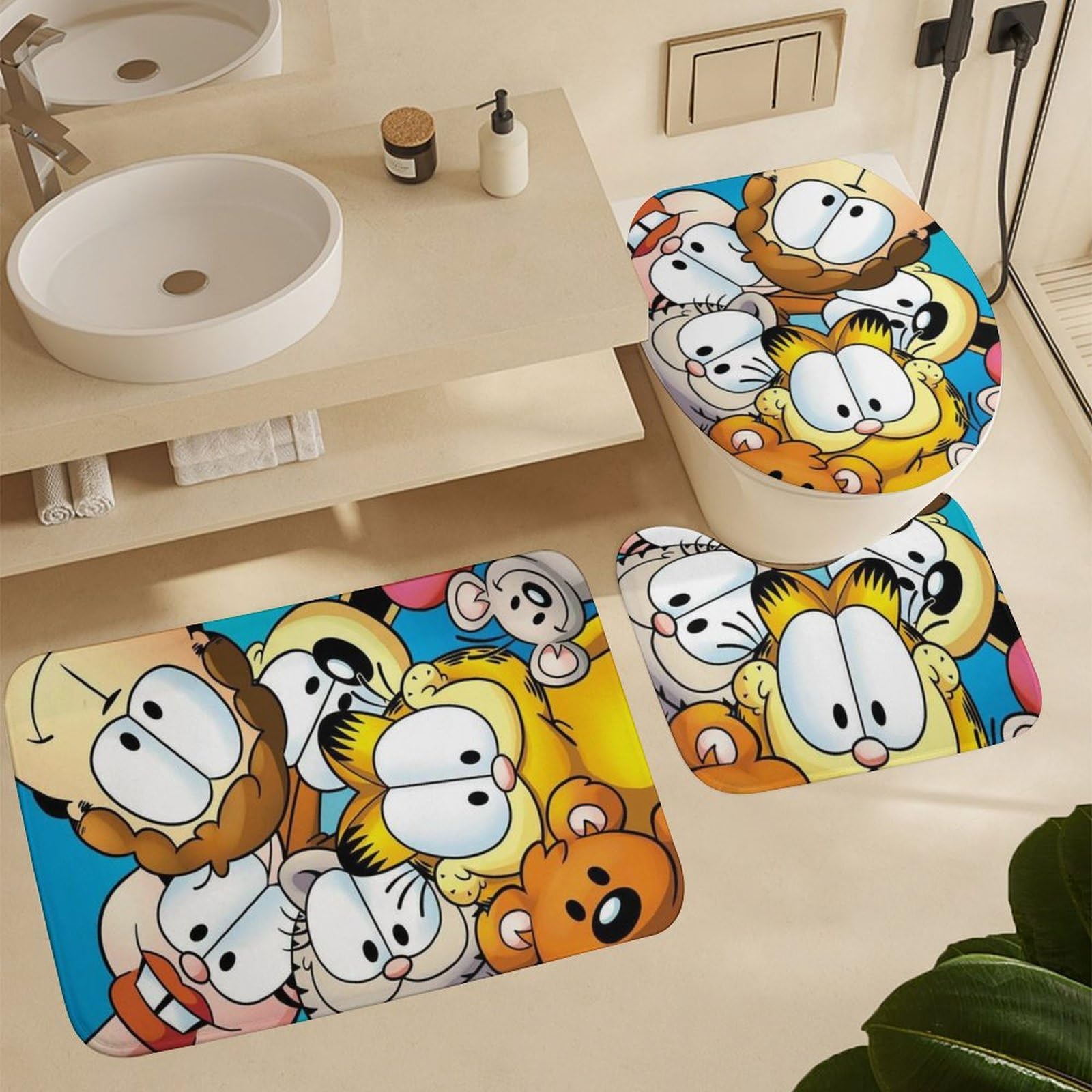Cute Cartoon Cat Shower Curtain Set with Non-Slip Bath Rug, Toilet Lid Cover & Bath Mat - Waterproof Bathroom Decor Set for Kids & Adults - Perfect for Themed Bathrooms, Pet Lovers & Gift Giving