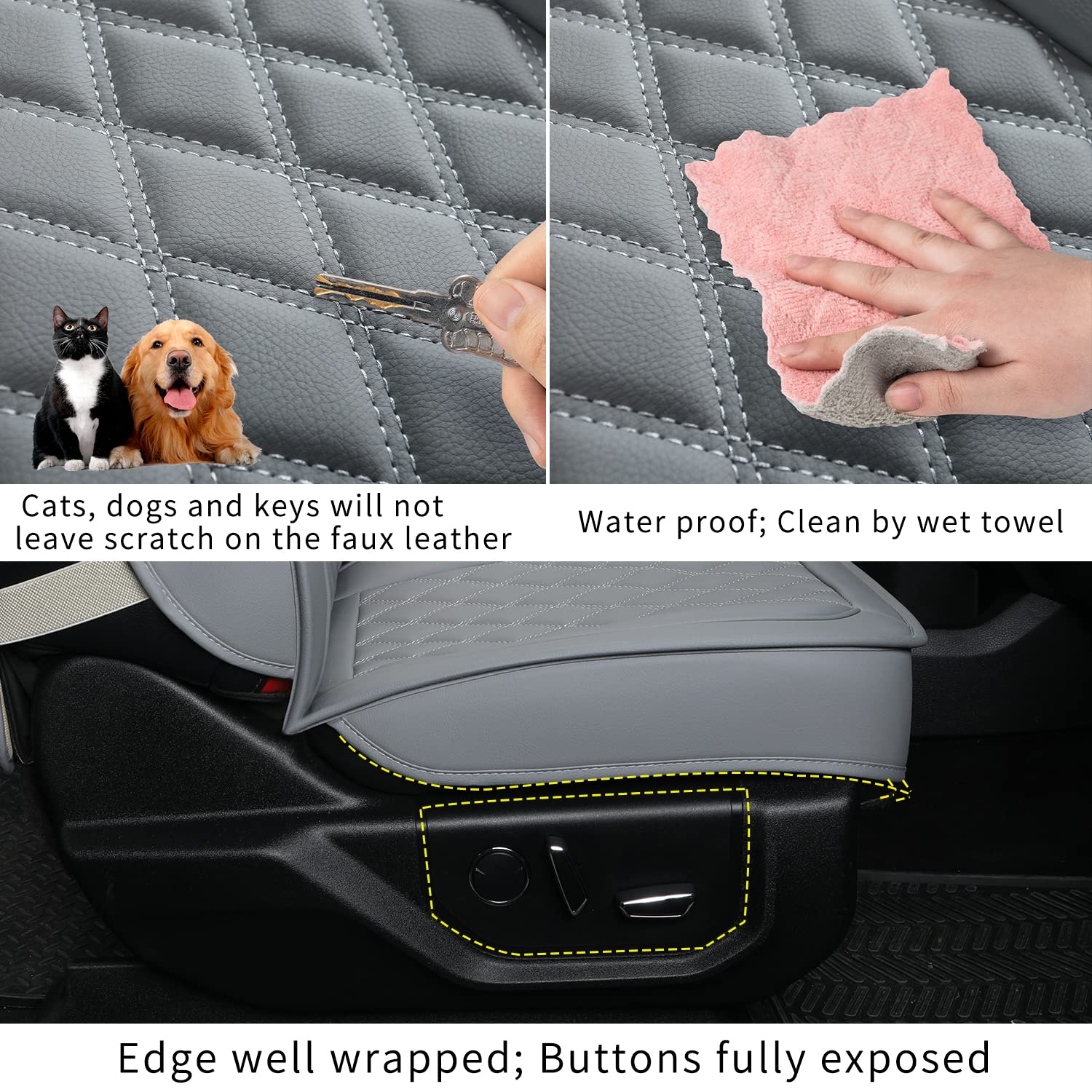 LUCKYMAN Club F150 Faux Leather Seat Covers S07-Q2 - Full Set Gray - Compatible with 2015-2025 Ford F150 & 2017-2025 F250 F350 F450 Pickup Trucks - Premium Protection & Comfort for Work & Road Trips