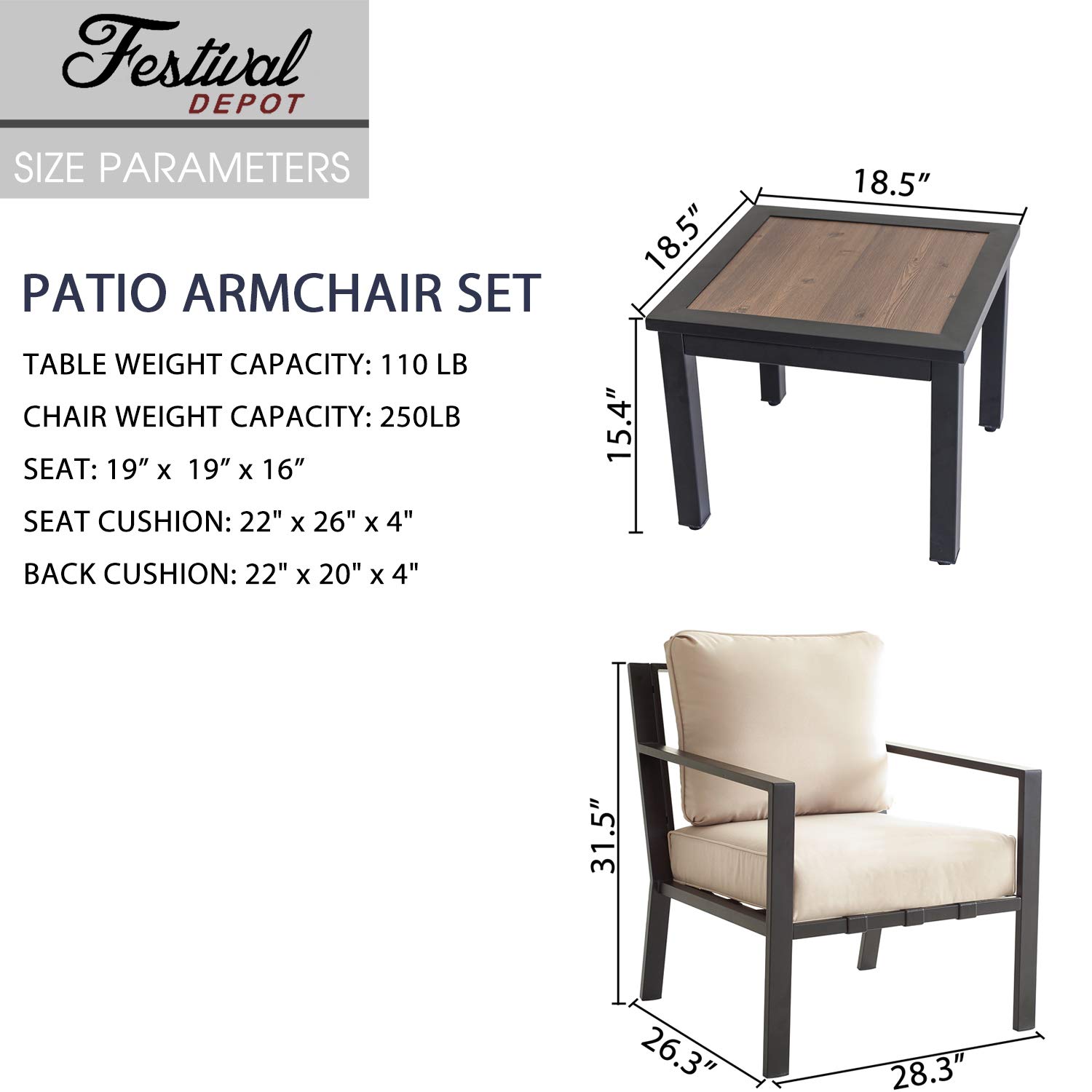 3-Piece Outdoor Bistro Set with Armrest Sofa Chairs & Metal Coffee Table - Patio Garden Furniture with Beige Cushions for Backyard, Poolside & Terrace Relaxation