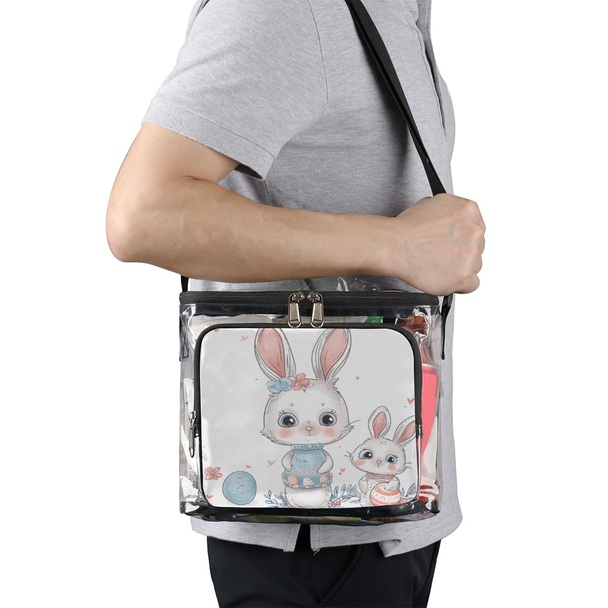 Easter Bunny Rabbit Egg Clear Tote Bag with Handles - Transparent Crossbody Shoulder Lunch Bag for Outdoor, Travel, Picnic, Concerts & Sports Events - Stadium Approved Multi-Purpose Carryall (Perfect for Easter Celebrations, Beach Trips & Festival Outings)