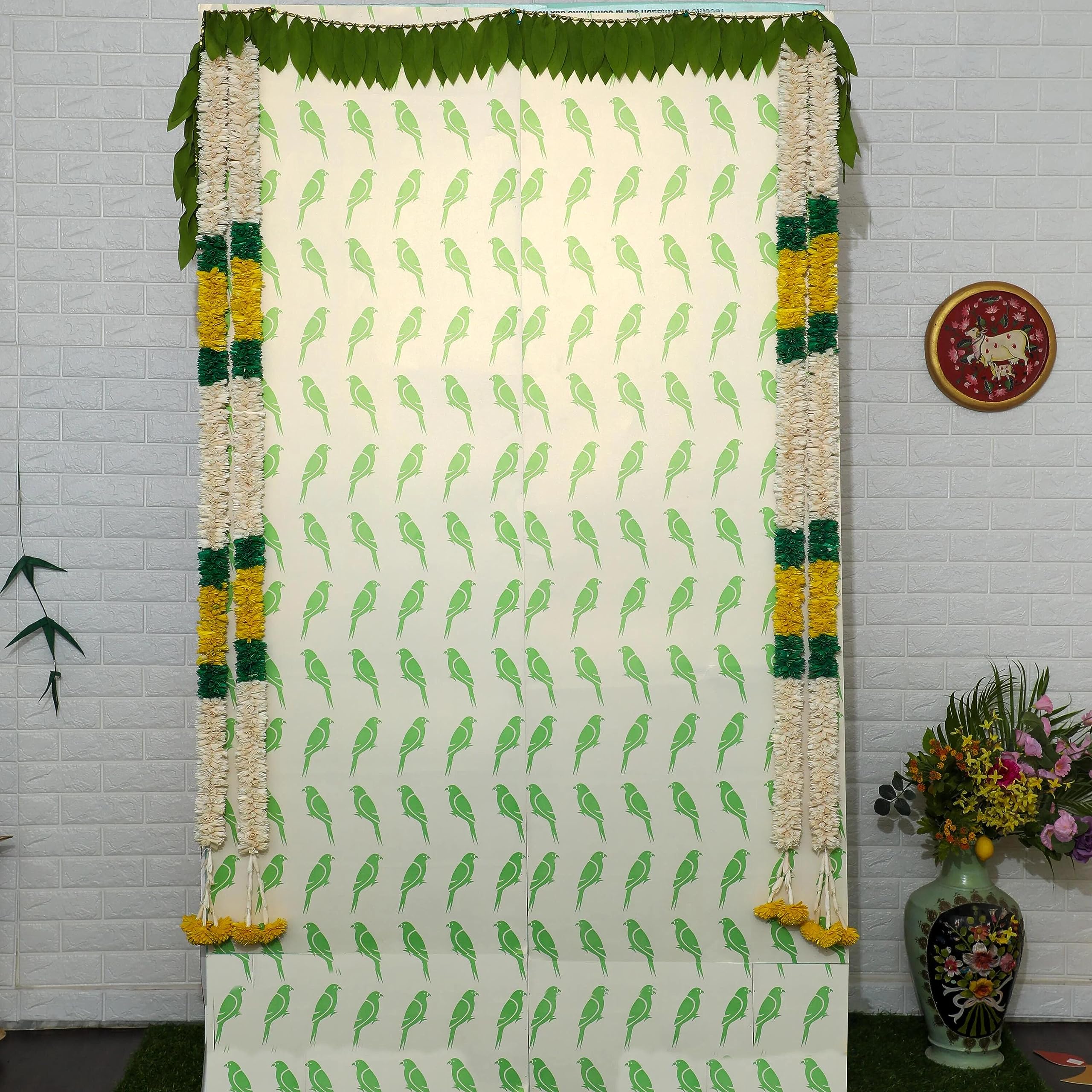 Desi Favors Hot Green Parrots Printed Backdrop Sheet - Indian Wedding Decor, Diwali & Ganesha Festival Background - 72x84 Inch Wall Banner for Wedding, Anniversary, Bridal Shower & Home Decor