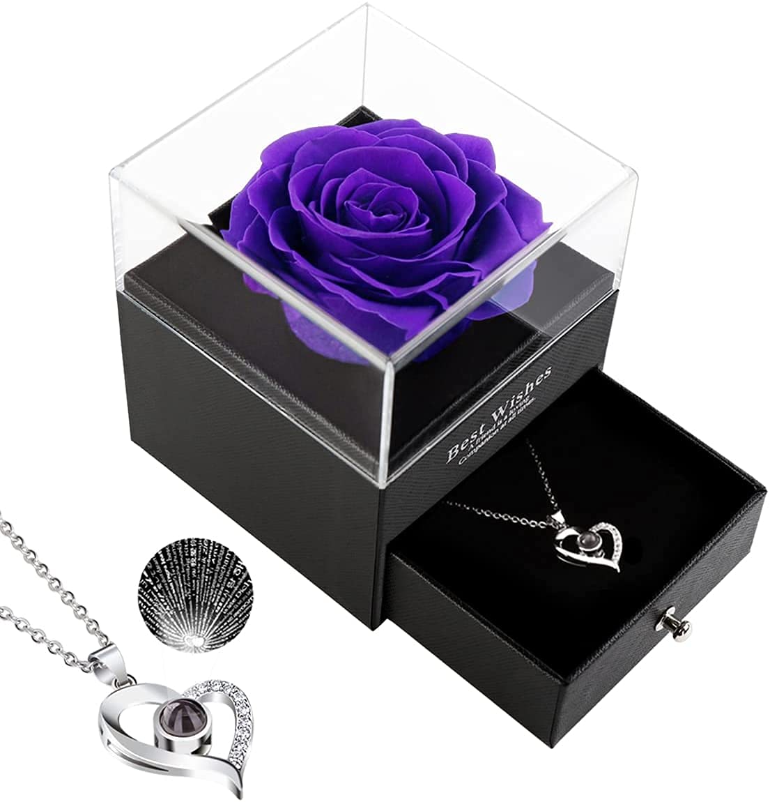LOVCAS Preserved Rose Necklace - Mother's Day Gift for Women, Valentine's Day Present for Her, Birthday Gift for Girlfriend, Daughter & Son (100 Languages Engraved) - Romantic Jewelry for Special Occasions & Home Decor