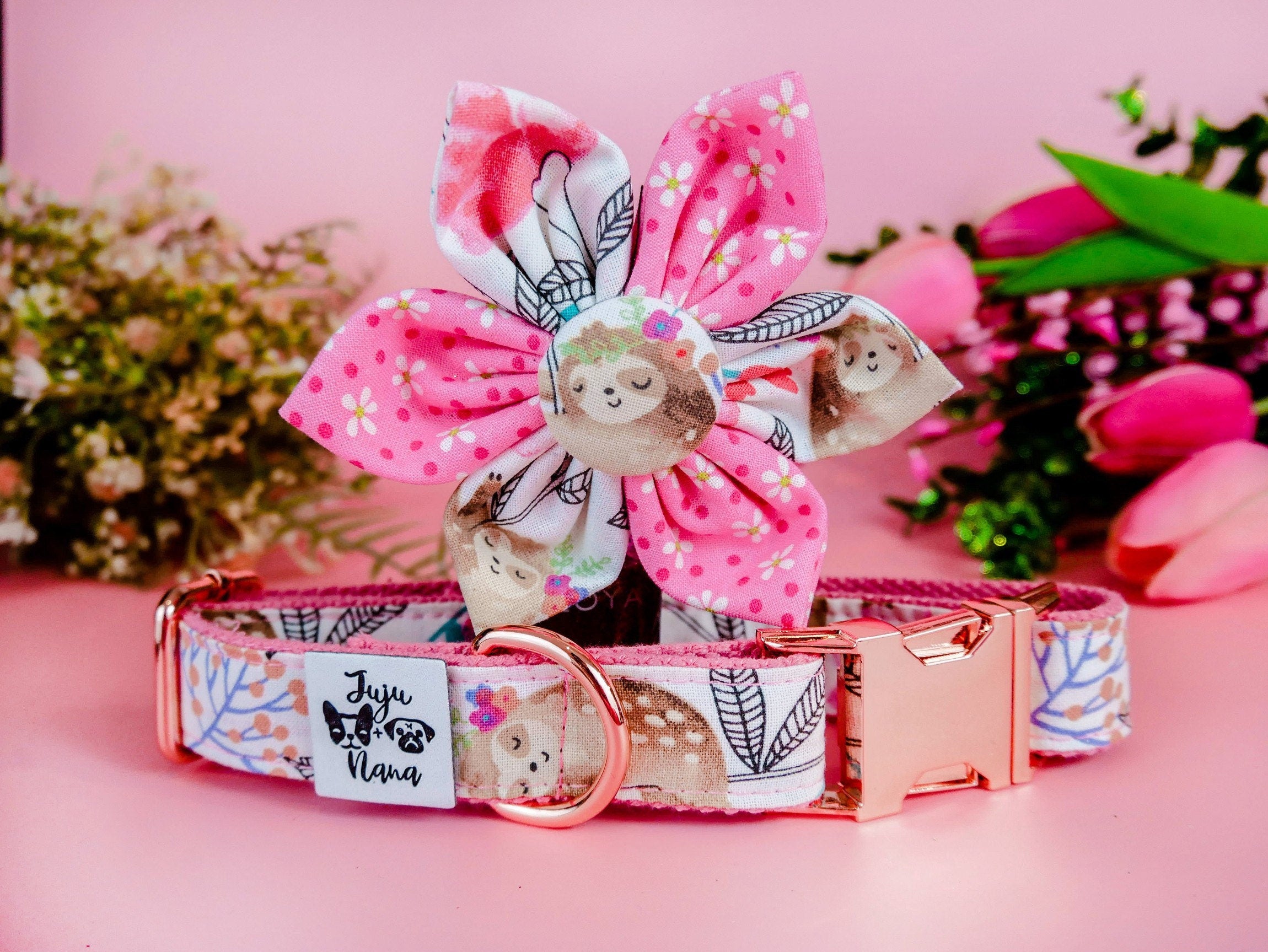 Sloth Floral Dog Collar with Flowers - Cute Adjustable Pet Collar for Small & Medium Dogs - Perfect for Puppy Parties, Photo Shoots & Daily Walks