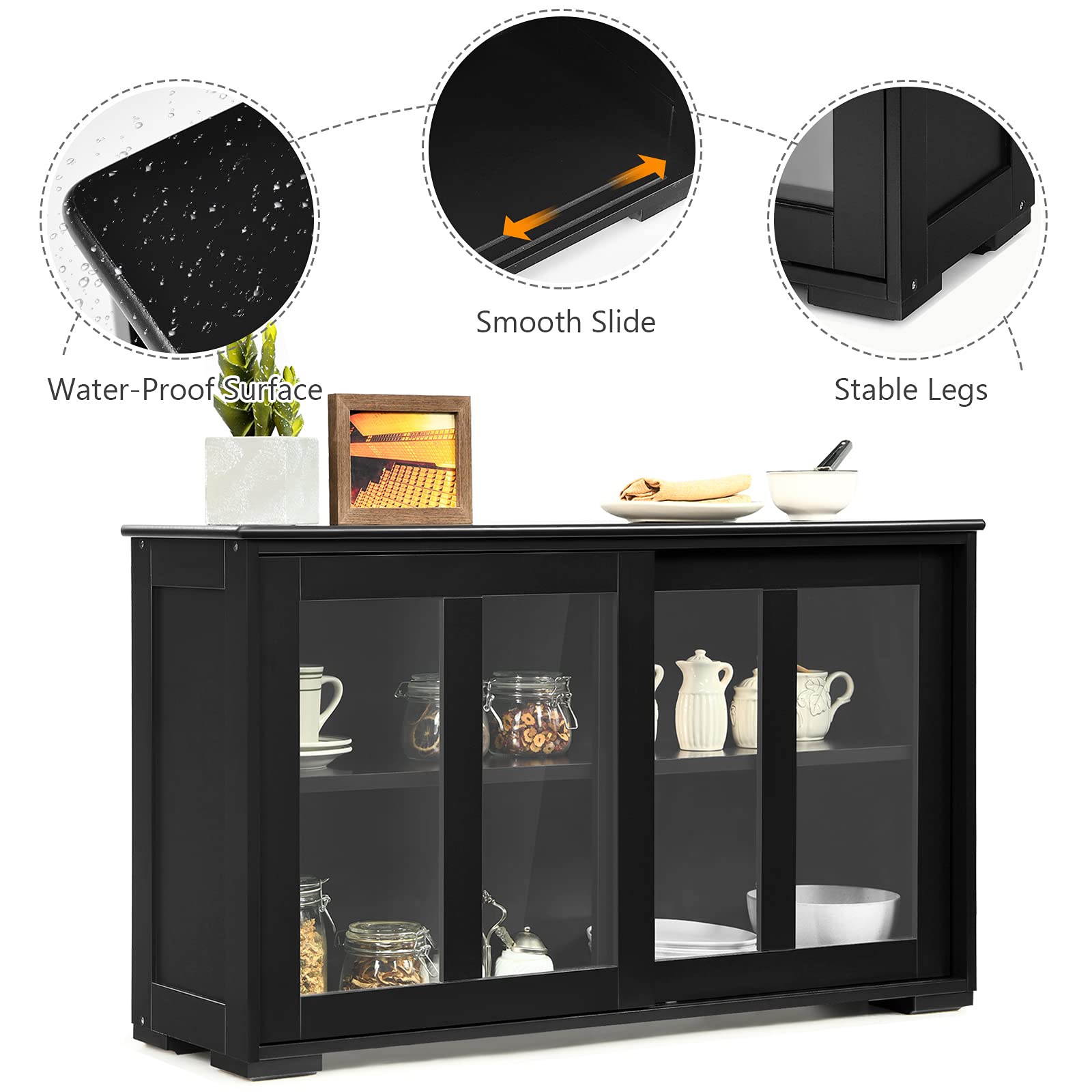 Costzon Wooden Sideboard Buffet Cabinet with Adjustable Shelf & Sliding Glass Doors - Kitchen Storage Cabinet, Coffee Bar Console Table for Living Room, Dining Room & Hallway - Perfect for Home Organization & Entertaining (Black)