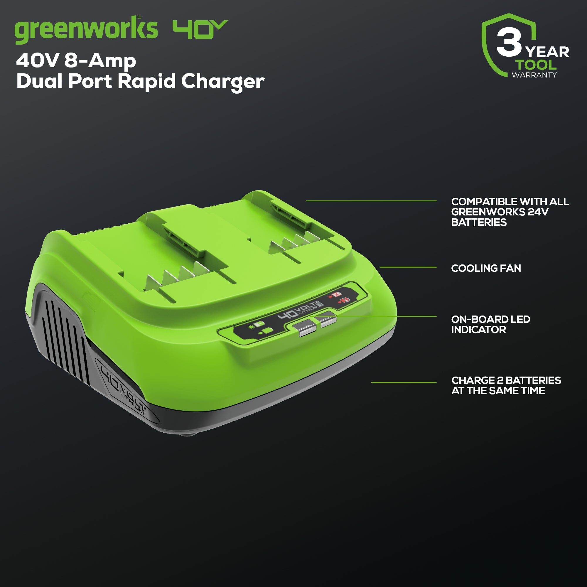 40V 8A Dual Port Fast Charger for Power Tools & Outdoor Equipment - Quick Charging for Drills, Lawn Mowers & More