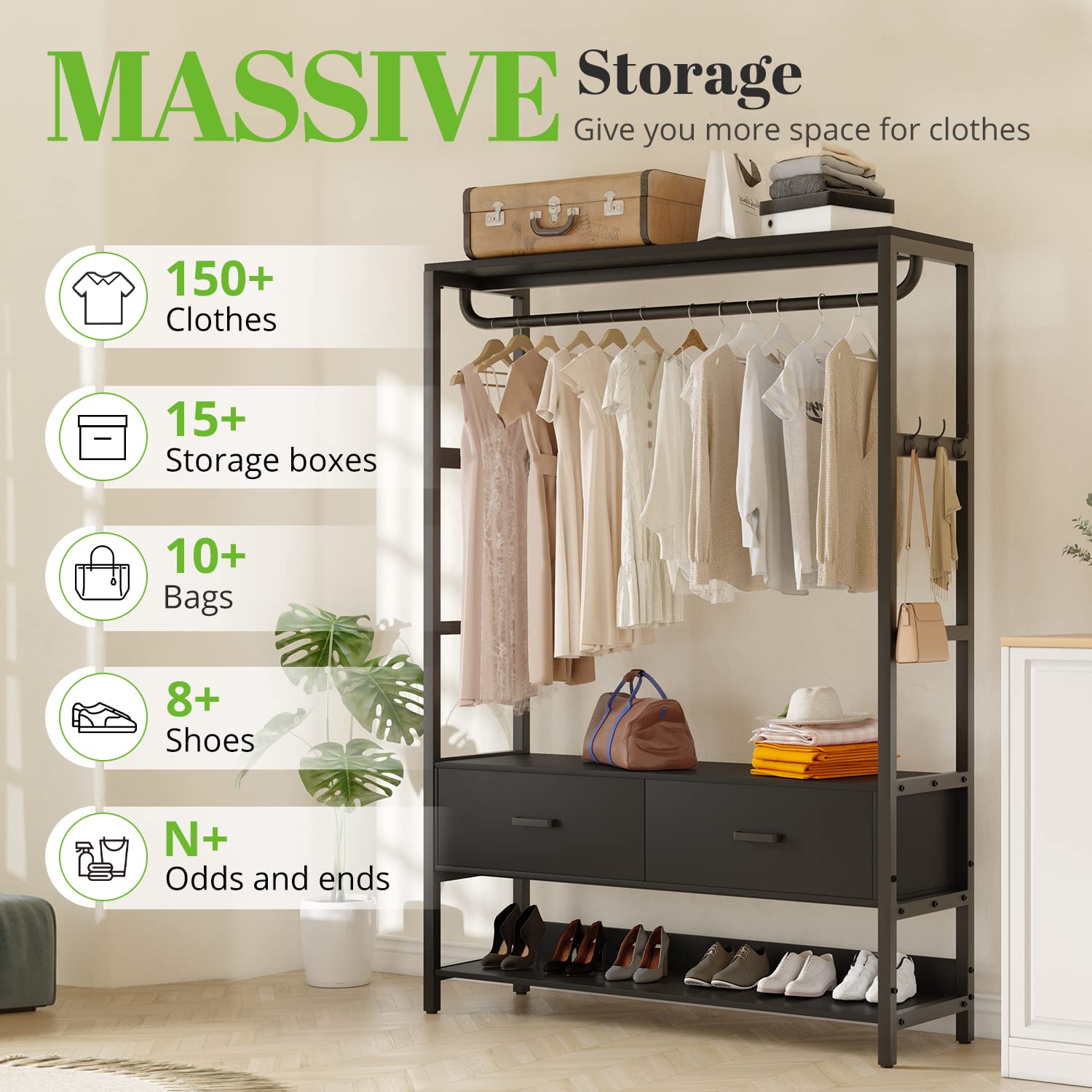 HOKEEPER Heavy Duty Free Standing Closet Organizer with 5 Drawers & Hooks - Sturdy Metal Garment Rack with Shelves for Bedroom, Closet Storage - Perfect for Hanging Clothes, Organizing Wardrobe & Maximizing Small Spaces (Black)