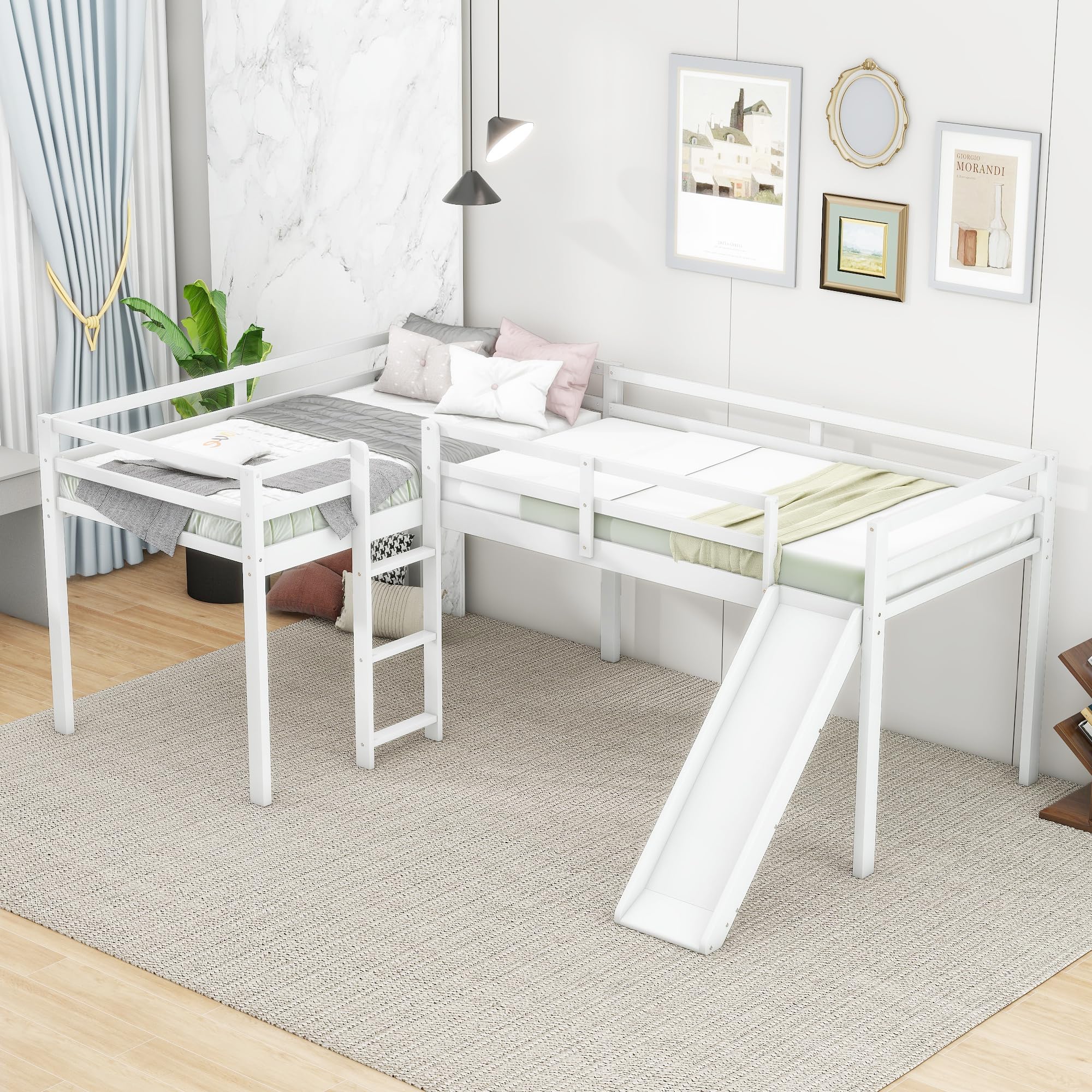 L-Shaped Twin Loft Bunk Bed with Ladder & Slide - Space-Saving Kids Bunk Bed for Siblings, Teens & Small Rooms - No Box Spring Required - Perfect for Bedrooms, Dorms & Vacation Homes