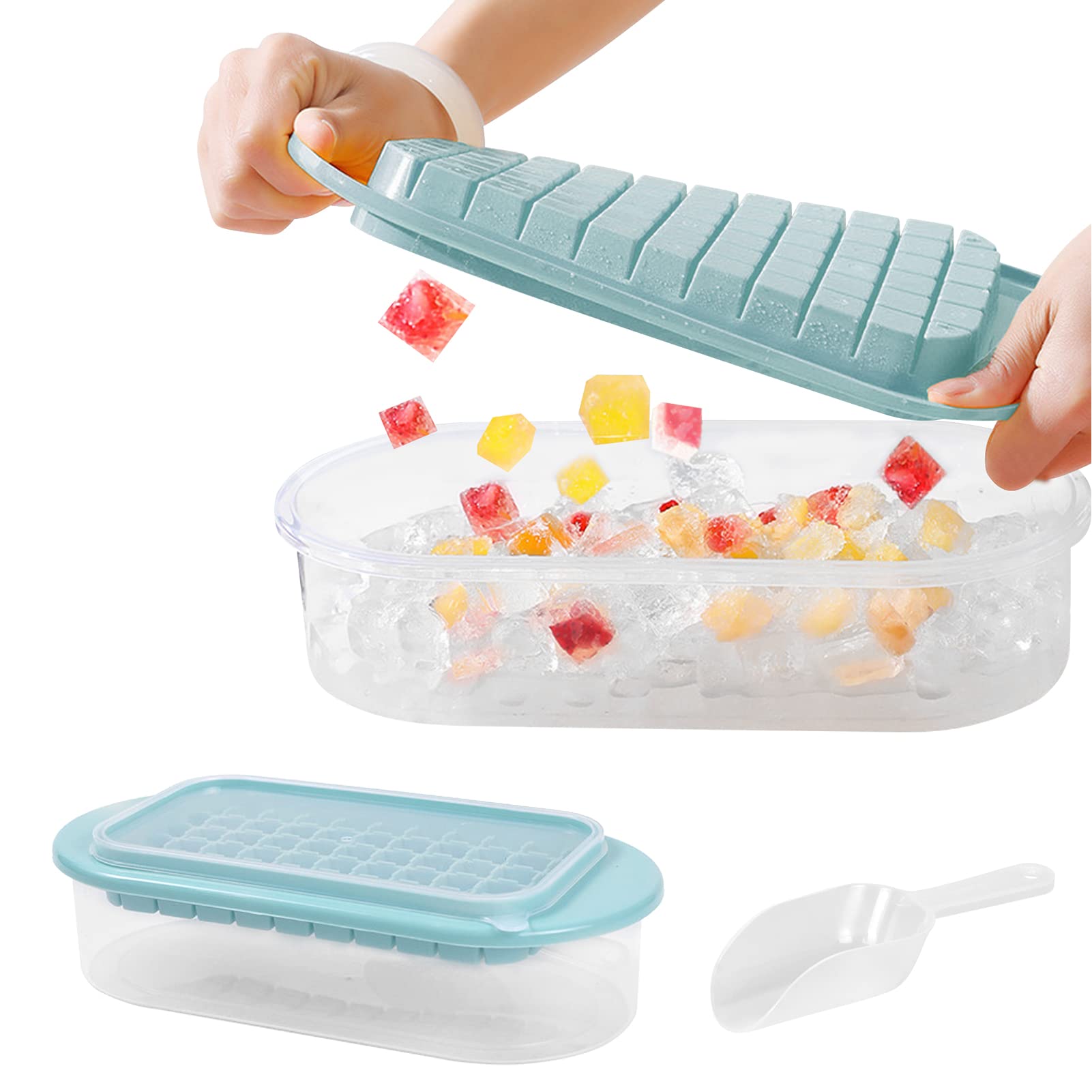 FYY Extra Large Reusable Ice Cube Trays with Lid & Scoop - 4-Piece Set for Whiskey, Gin, Cocktails & Party Drinks - BPA-Free Silicone Ice Maker for Home Bar, Kitchen & Outdoor Entertaining (Blue)