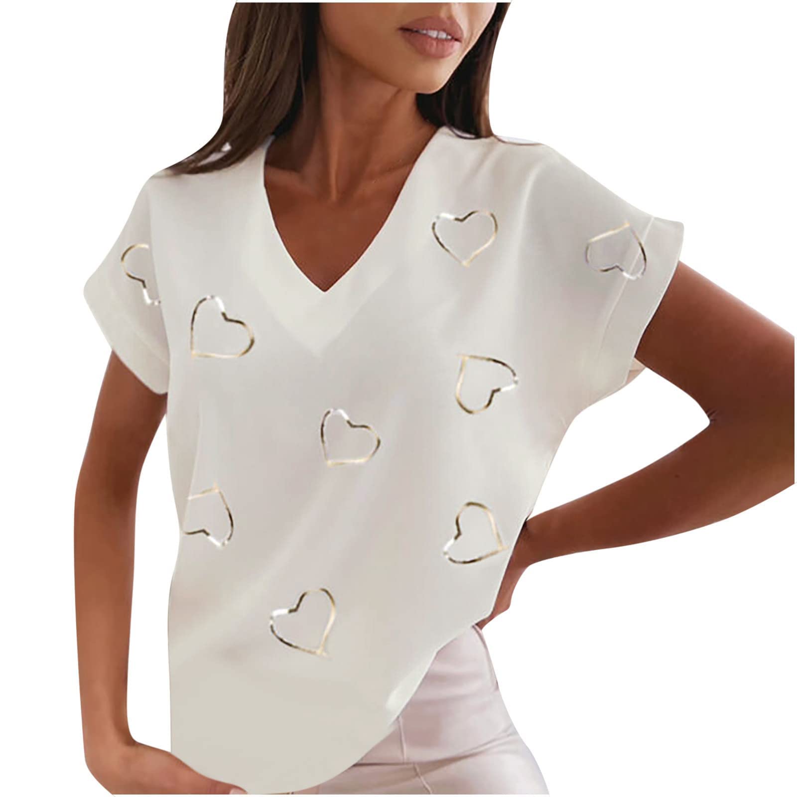 Trendy Women's V-Neck Printed T-Shirt - Soft Casual Short Sleeve Blouse for Summer (White, XXL) | Perfect for Daily Wear, Office Outfits & Weekend Relaxation