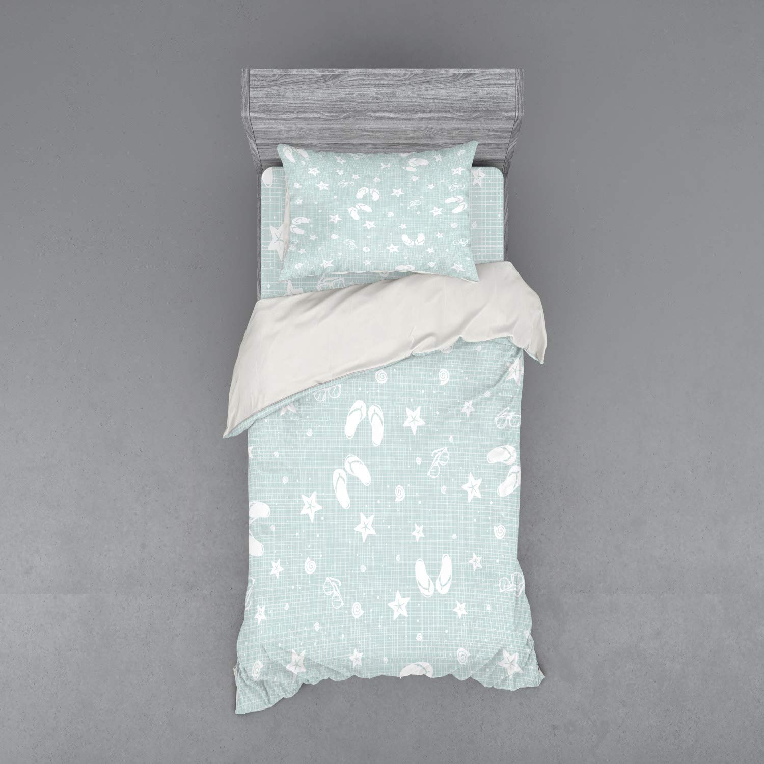 Ambesonne Aqua Duvet Cover Set - Beach Theme with Shells, Starfish & Flip Flops | 3-Piece Twin XL Bedding Set (Duvet Cover + Sham + Fitted Sheet) | Seafoam & White Coastal Decor | Perfect for Summer Bedrooms, Beach Houses & Vacation Rentals