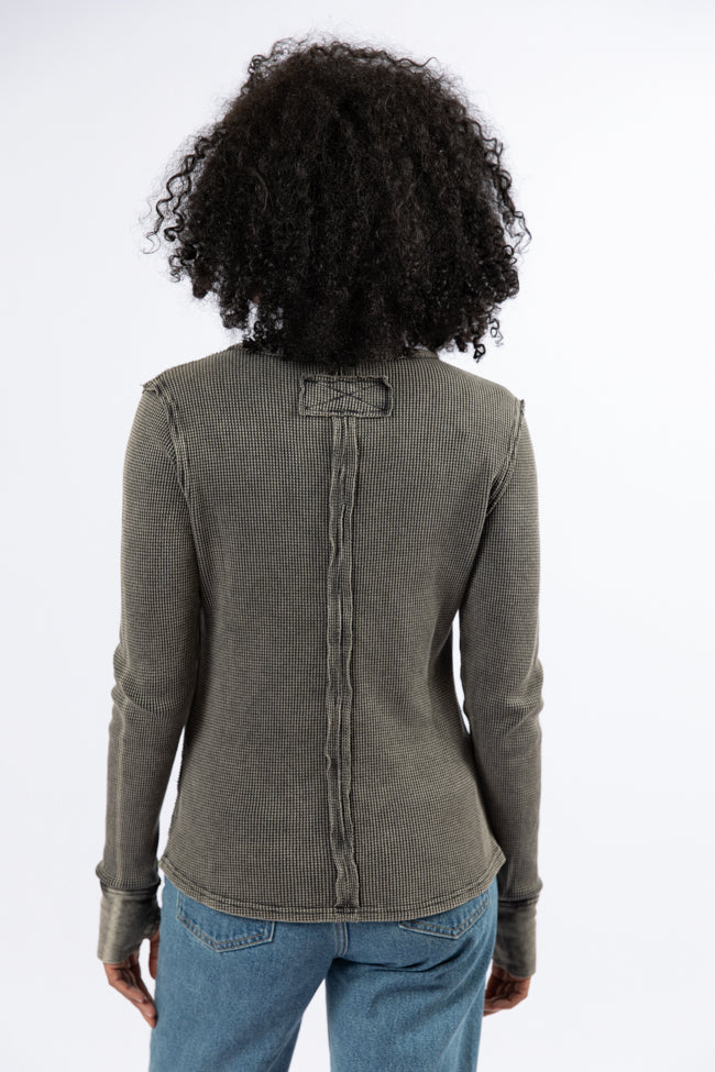 Black Acid Wash Waffle Fitted Tee for Women - Vintage Distressed Cotton T-Shirt - Casual Streetwear & Layering Essential