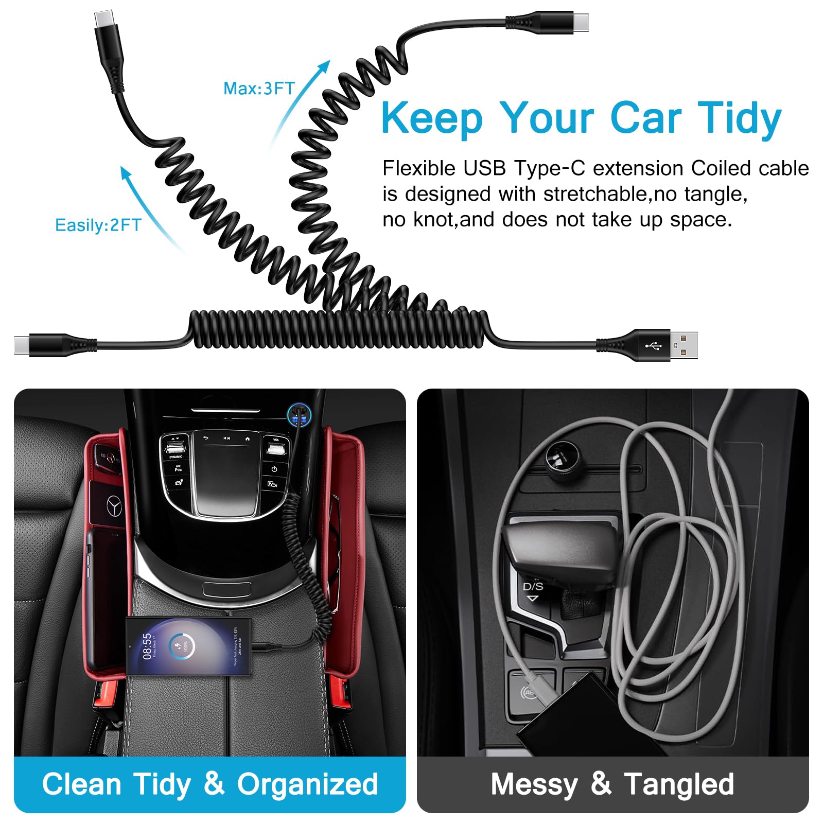 Fast Charging USB C to USB A Cable 3-Pack - Retractable Coiled Android Auto Car Charger for Samsung Galaxy S24/S23/S22/A54/A34 & Google Pixel 8Pro/8a/7a/7/6/5/4 - Perfect for Road Trips & Daily Commute