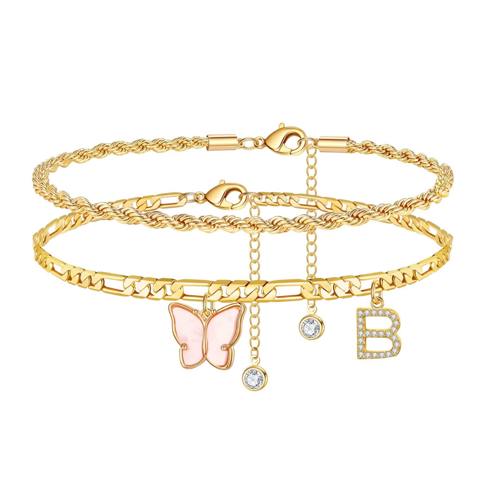 14K Gold Plated Butterfly Ankle Bracelet for Women - Initial Letter A-Z Layered Anklet, Dainty Foot Jewelry Gift for Teen Girls | Perfect for Beach Vacations, Summer Outfits & Special Occasions