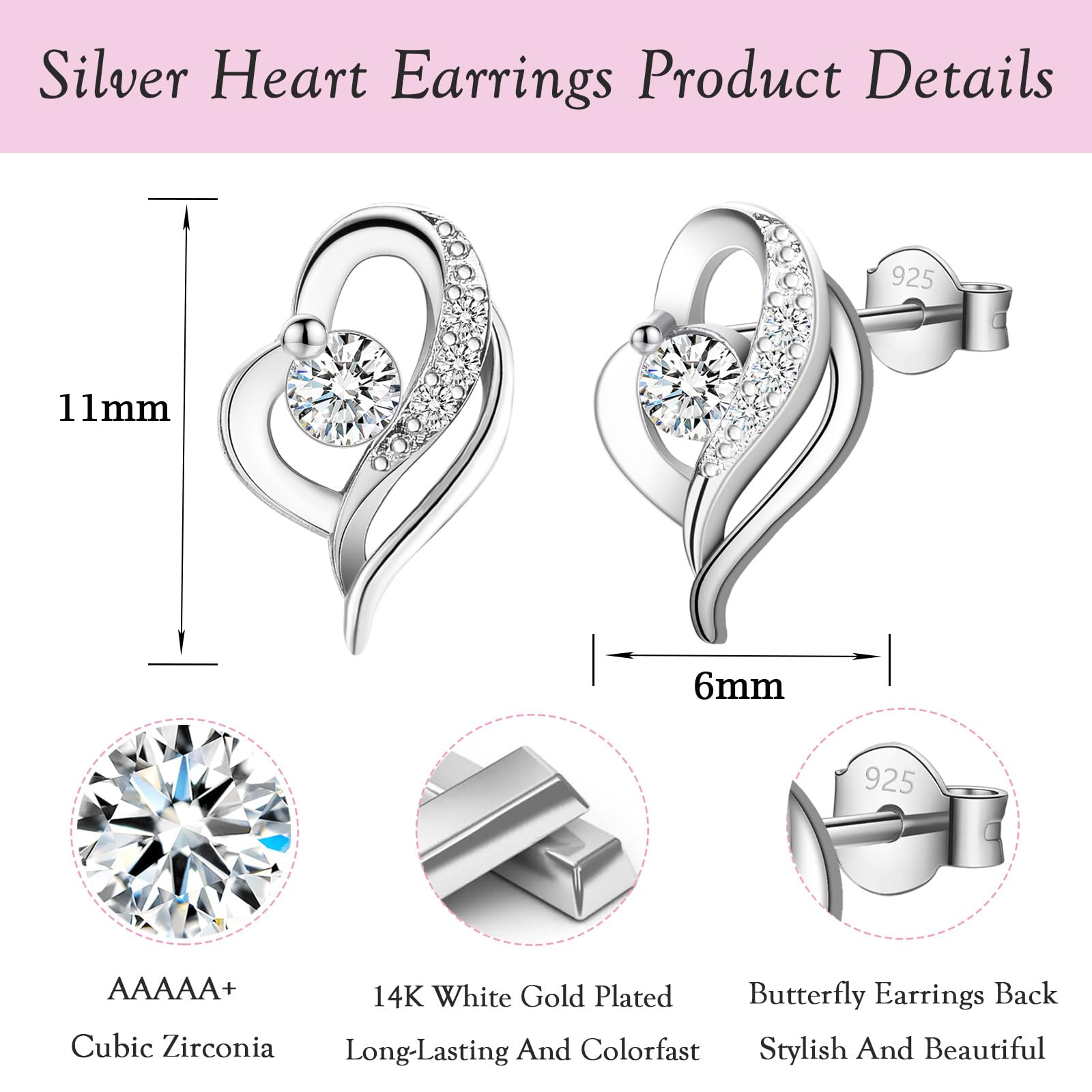 Hypoallergenic Sterling Silver Heart Stud Earrings with Cubic Zirconia for Women - Elegant Jewelry Gift for Birthday, Christmas & Anniversary - Perfect for Daily Wear, Date Night & Special Occasions