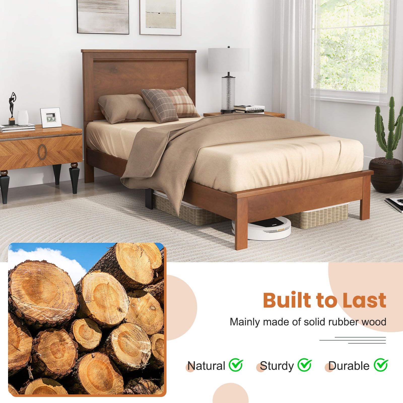 Giantex Solid Wood Twin Bed Frame with Headboard - Mid Century Modern Platform Bed with Wooden Slats & Sturdy Legs - Twin Size Bed for Kids & Adults - Walnut Finish - Perfect for Bedrooms, Guest Rooms & Dormitories