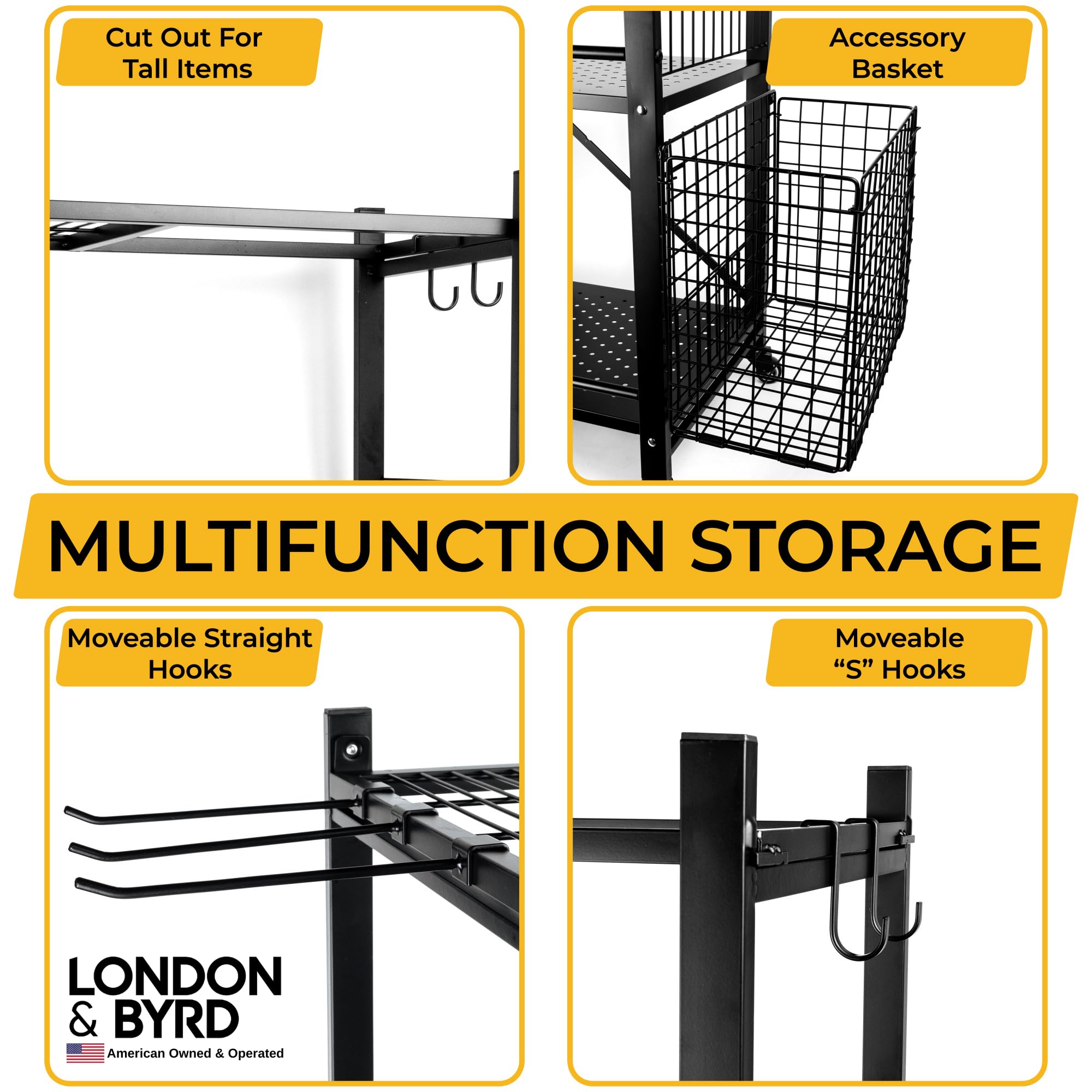 London & Byrd Heavy Duty Steel Home Gym Storage Rack with Wheels, Basket & Hooks - Quick Assembly in Minutes - Perfect for Yoga Mats, Kettlebells & Dumbbells - Ideal for Home Workouts & Garage Gym Organization