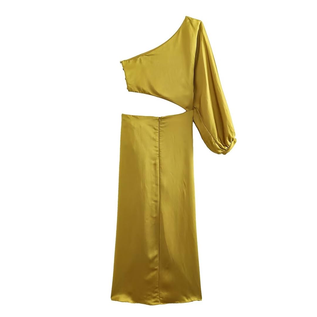 Elegant Yellow Asymmetric Cutout One Sleeve Dress for Women - Chic Prom, Party & Evening Wear - Perfect for Cocktail Parties, Date Nights & Special Occasions