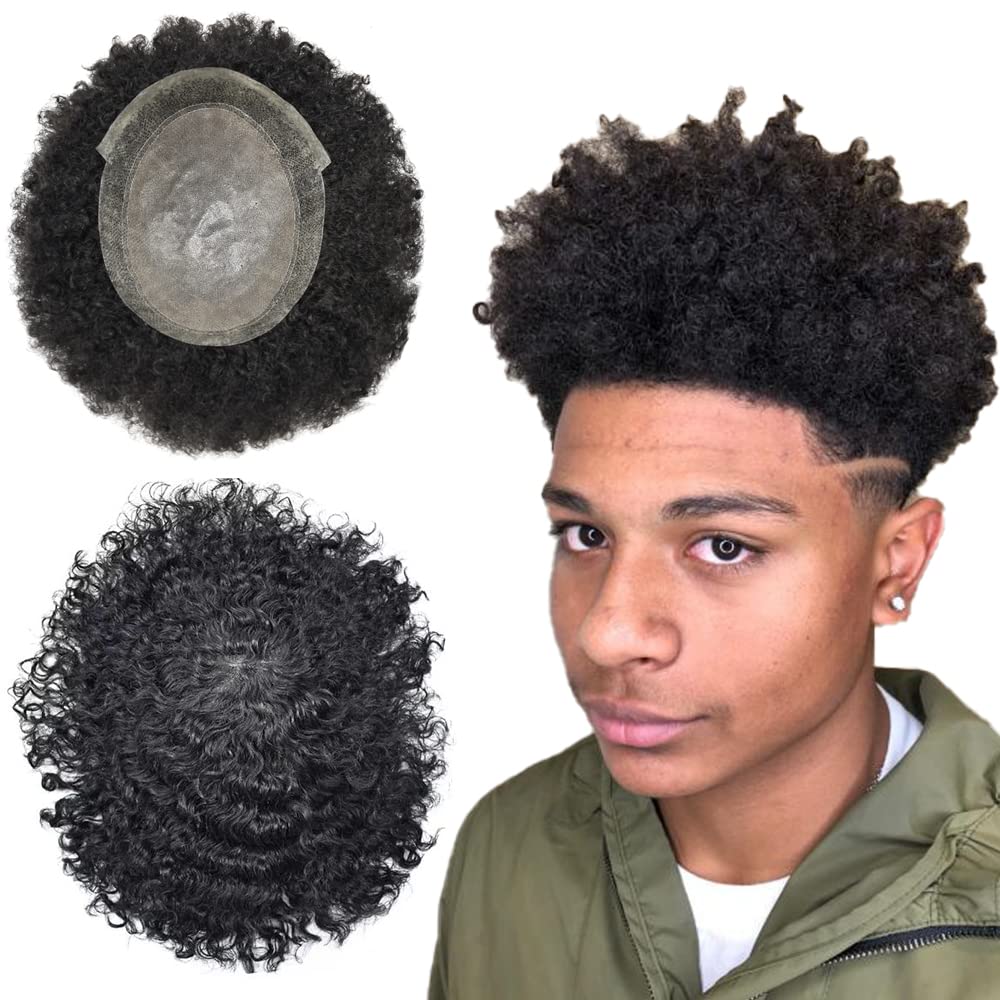 Natural Kinky Curly Human Hair Toupee for Black Men - Afro Curl Hair Replacement System with Breathable Lace & PU Base (10MM, 1B Off Black) - Perfect for Daily Wear, Special Occasions & Hair Loss Solutions