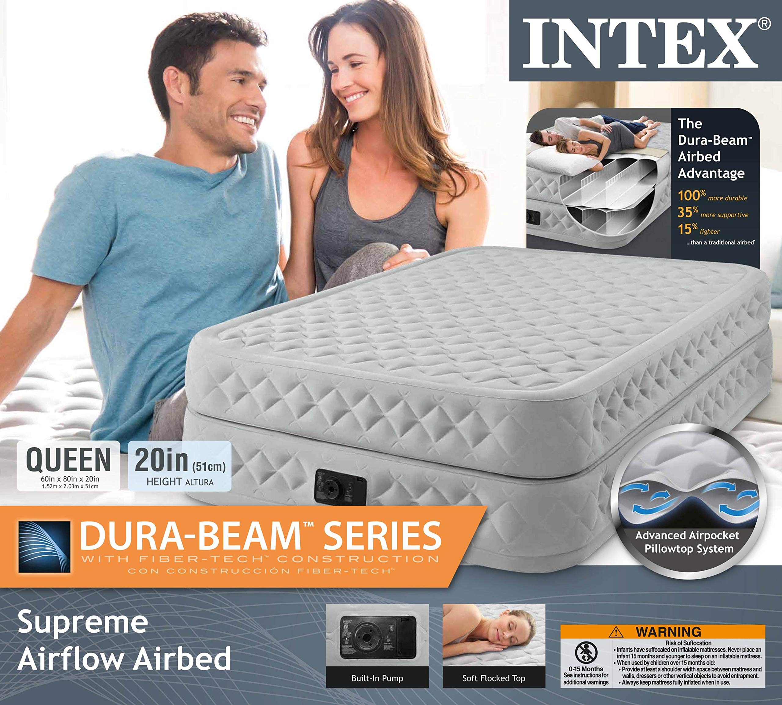 Intex Supreme Air-Flow Queen Air Mattress - Comfortable Inflatable Bed for Camping, Guest Room & Home Use - Heavy Duty PVC Material with Built-in Electric Pump