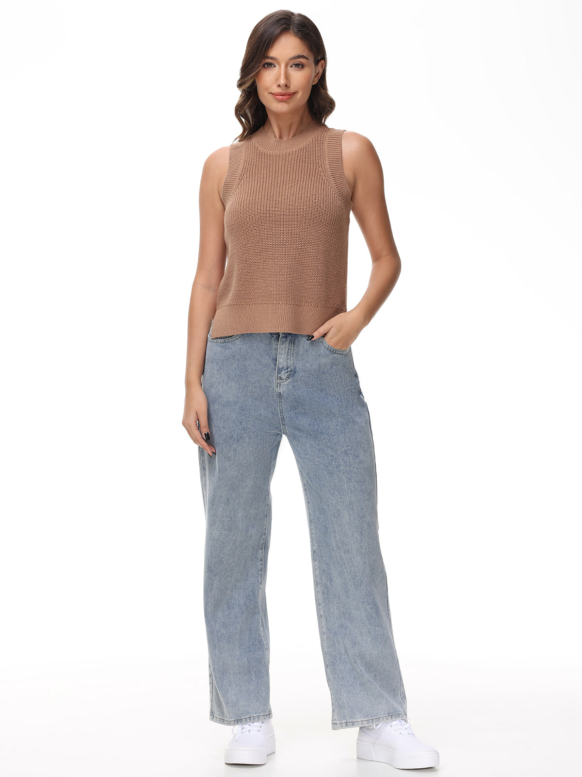Women's High Crewneck Cotton Tank Top - Soft Breathable Stretch Fit for Casual Wear, Workout & Layering