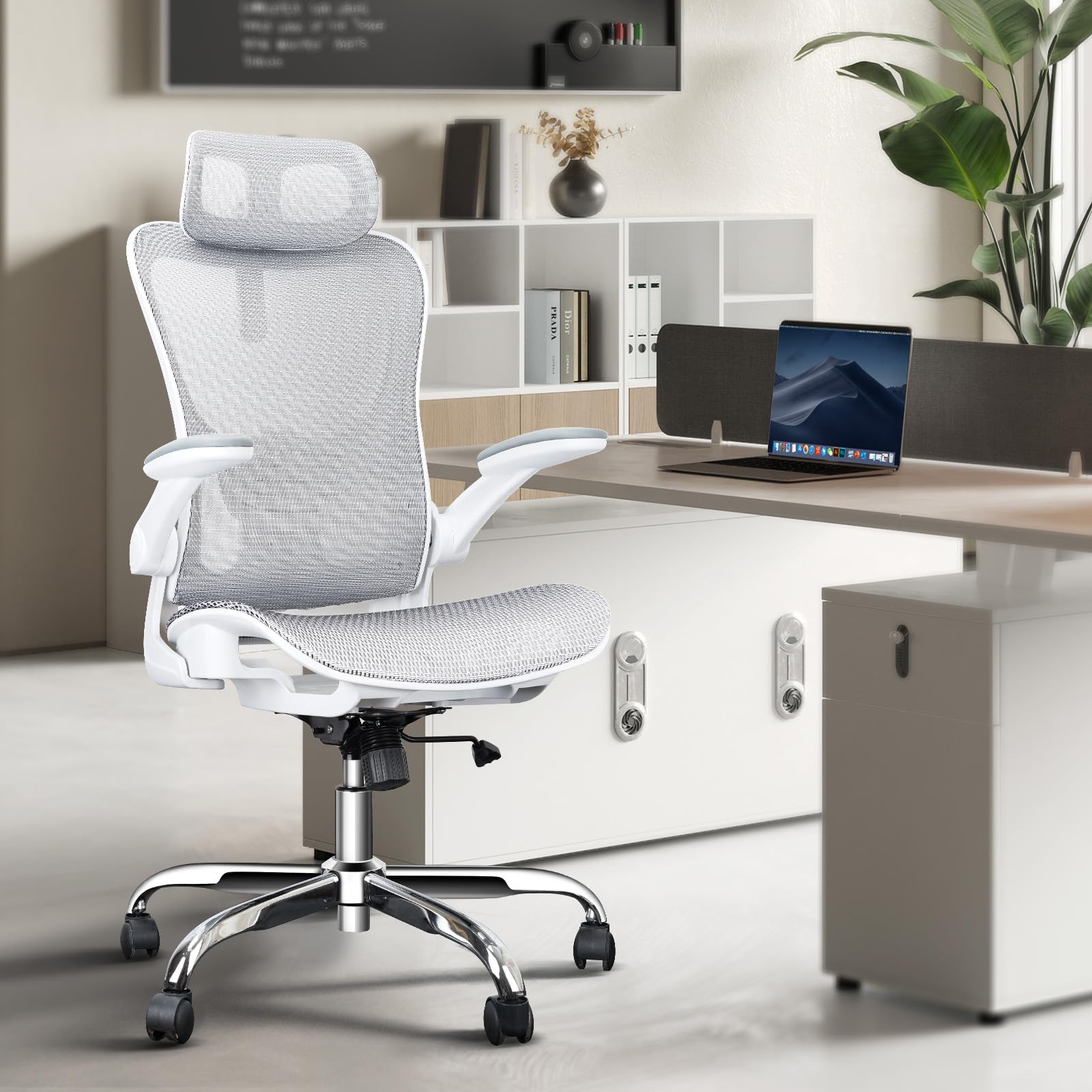 Ergonomic Office & Gaming Chair with Adjustable Lumbar Support, Headrest & Armrests - Height Adjustable Swivel Desk Chair with Wheels, Seat Depth & Tilt Function - Perfect for Home Office, Gaming & Workspace (White)