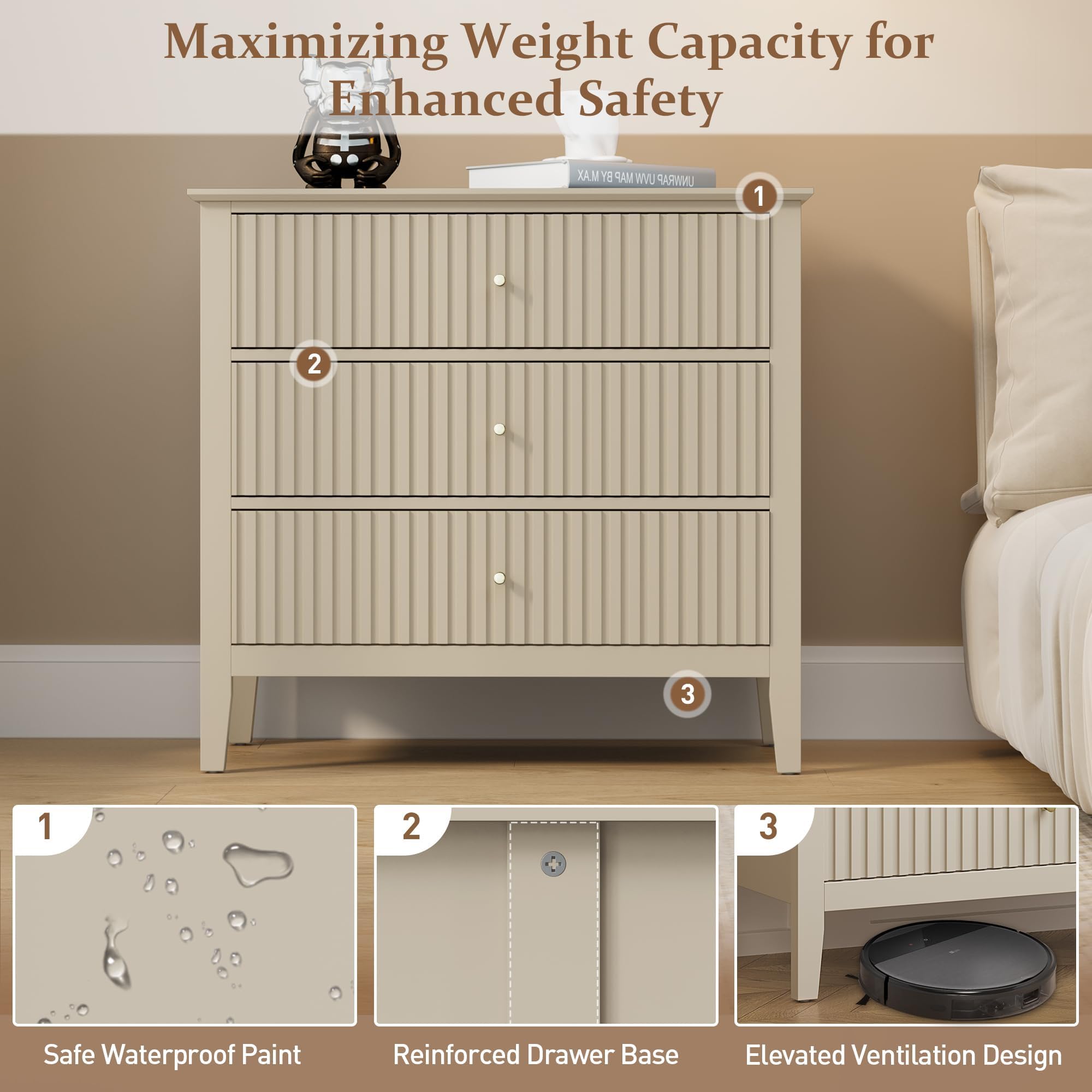 RoyalCraft Large 3-Drawer Dresser Set of 2 - Modern Fluted Wood Nightstands for Bedroom & Entryway - 30