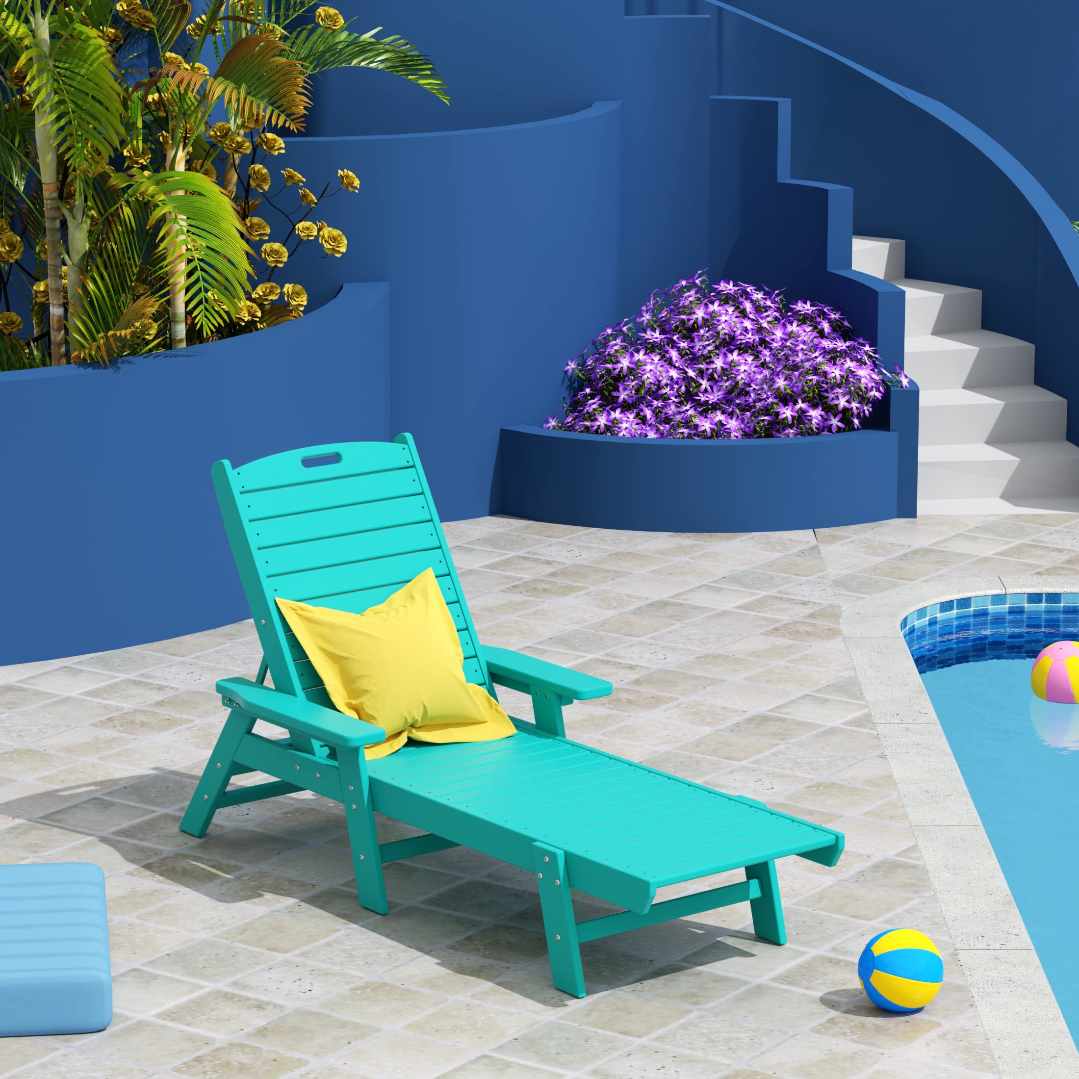 **WO Home Furniture HDPE Adirondack Reclining Chaise Lounge – Durable Poly Lumber Outdoor Chair with Armrests – UV & Weather Resistant for Patio, Backyard, Beach, Poolside, Porch – Perfect for Relaxing in Turquoise**