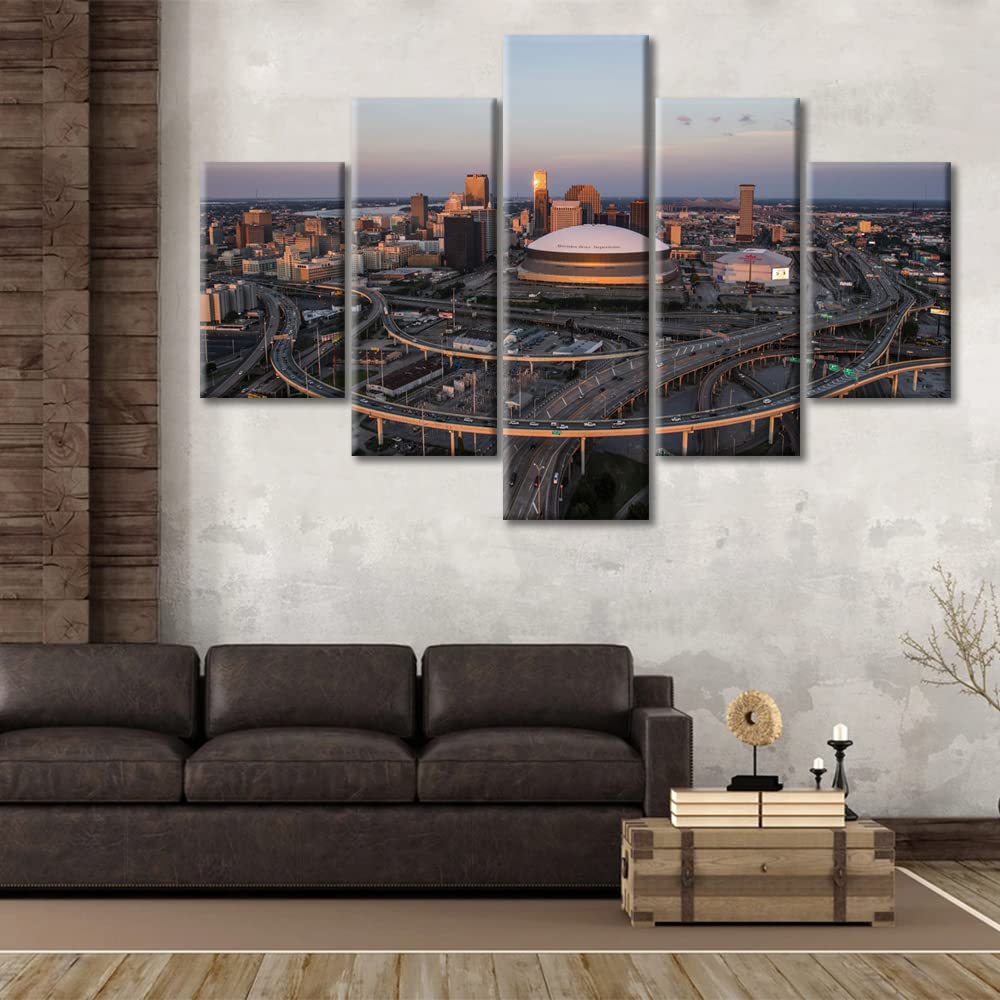 TUMOVO 5-Panel New Orleans Cityscape Wall Art - Framed Office Decor Paintings, Contemporary Skyline Artwork for Living Room, Ready to Hang (60