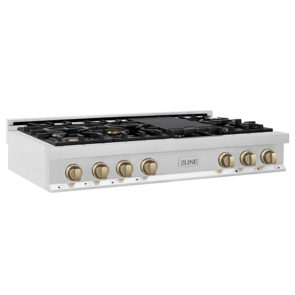 ZLINE Autograph Edition 48 Inch 7-Burner Gas Rangetop with Porcelain Cooktop - Stainless Steel & Champagne Bronze Accents (RTZ 48 CB) for Professional Home Kitchens & Gourmet Cooking