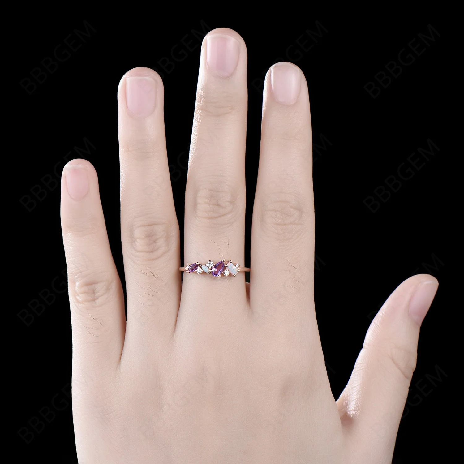 Vintage Pear Amethyst Wedding Ring - Rose Gold Opal Moissanite Cluster Engagement Band with Mixed Stones, Promise & Family Birthstone Jewelry | Perfect for Anniversaries, Bridal Sets & Special Occasions