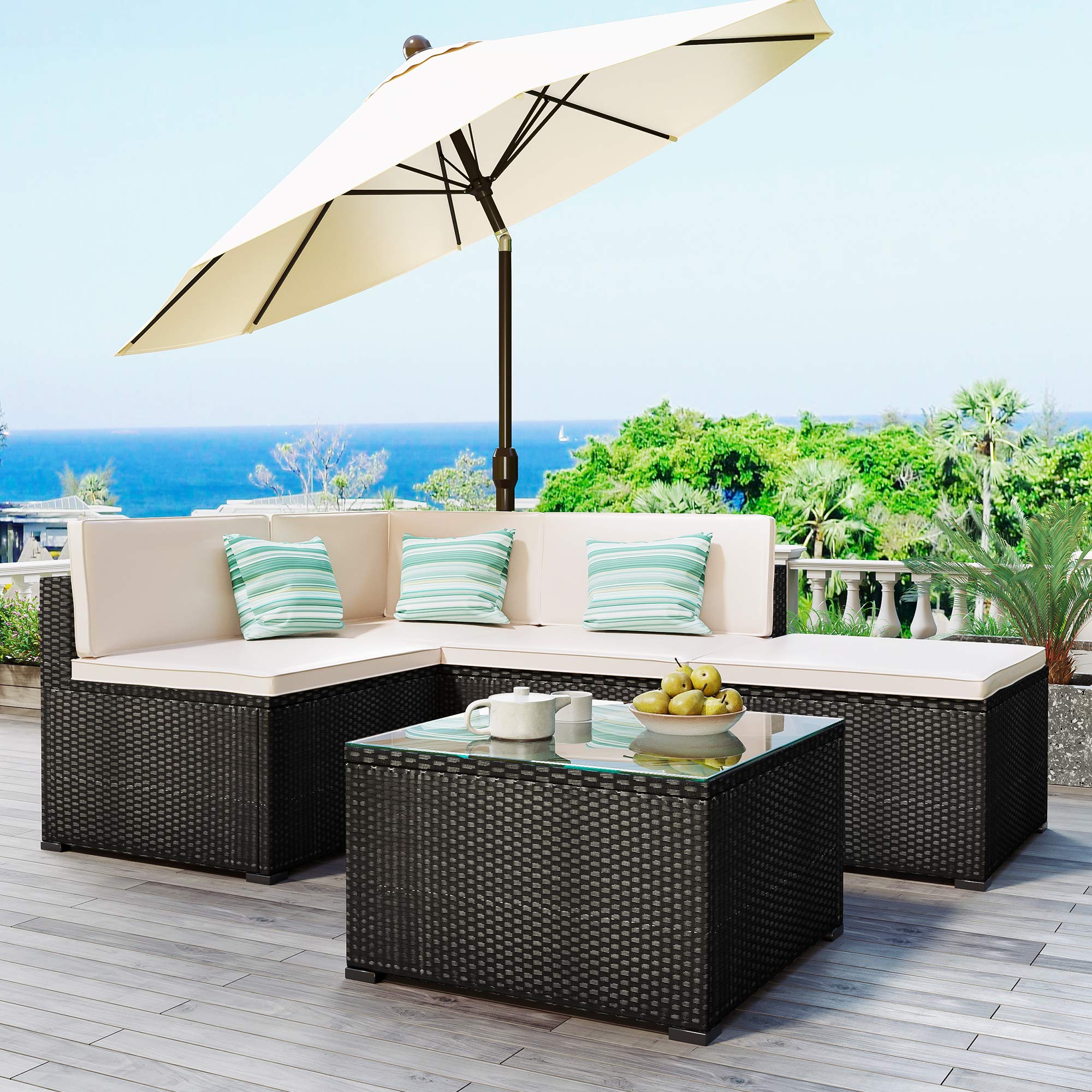 Beacon Pet 5-Piece Outdoor Patio Furniture Set - PE Rattan Wicker Sectional Sofa with Cushions & Glass Coffee Table - Perfect for Garden, Poolside, Balcony, Backyard & Outdoor Entertaining