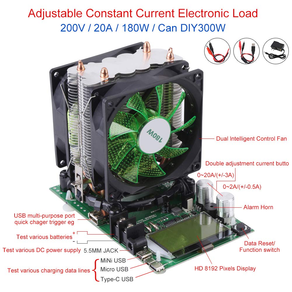 180W USB Battery Capacity Tester - 0-200V 0-20A Constant Current Load Discharge Analyzer with Cooling Fan, US Plug & Clip Cable for Lithium/Pb Battery Testing (Perfect for RC Cars, Solar Systems & DIY Electronics)