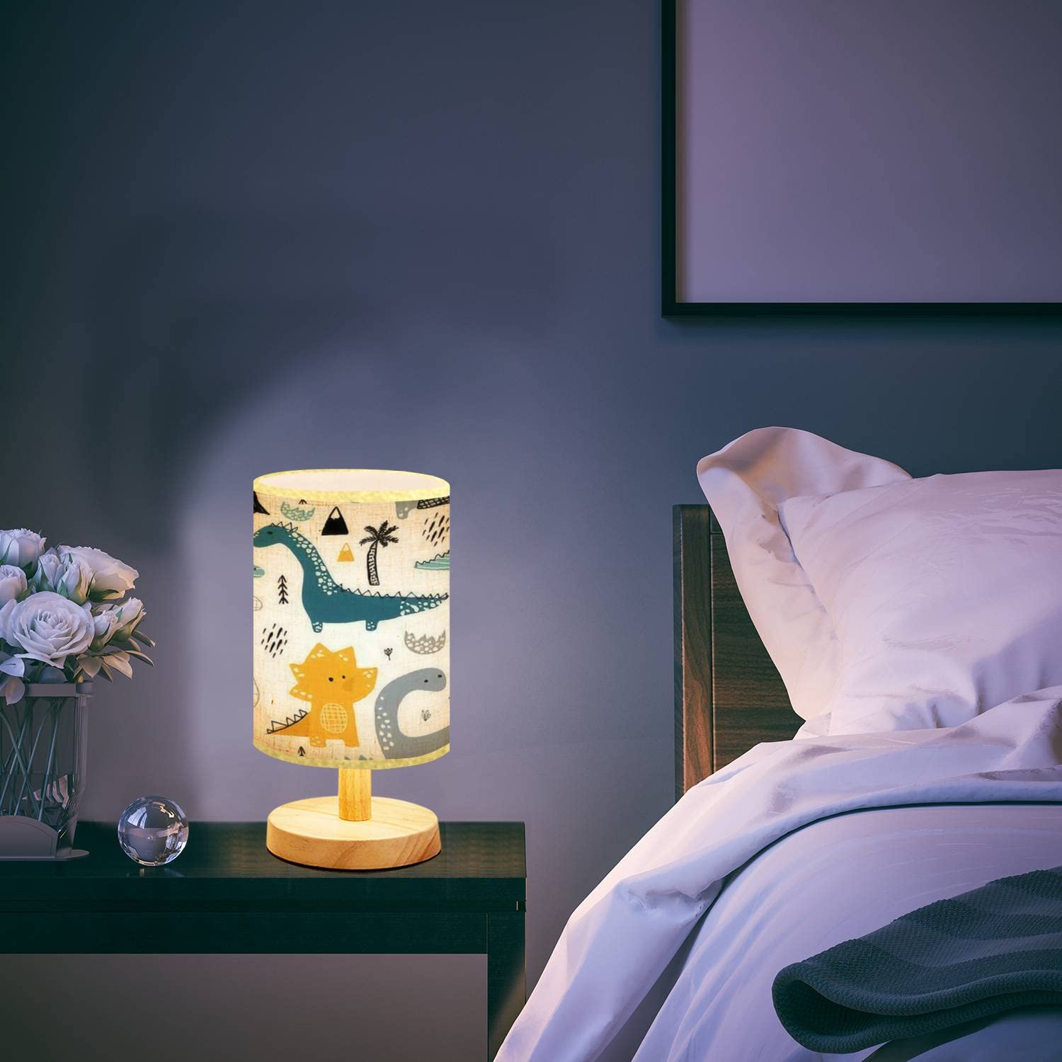 Scandinavian Style Minimalist Bedside Lamp with Hand-Drawn Dinosaur Design - Creative Small Table Desk Lamp for Bedroom, Nightstand, Nursery - Solid Wood Base & Flaxen Fabric Shade - Perfect Gift for Kids & Home Decor