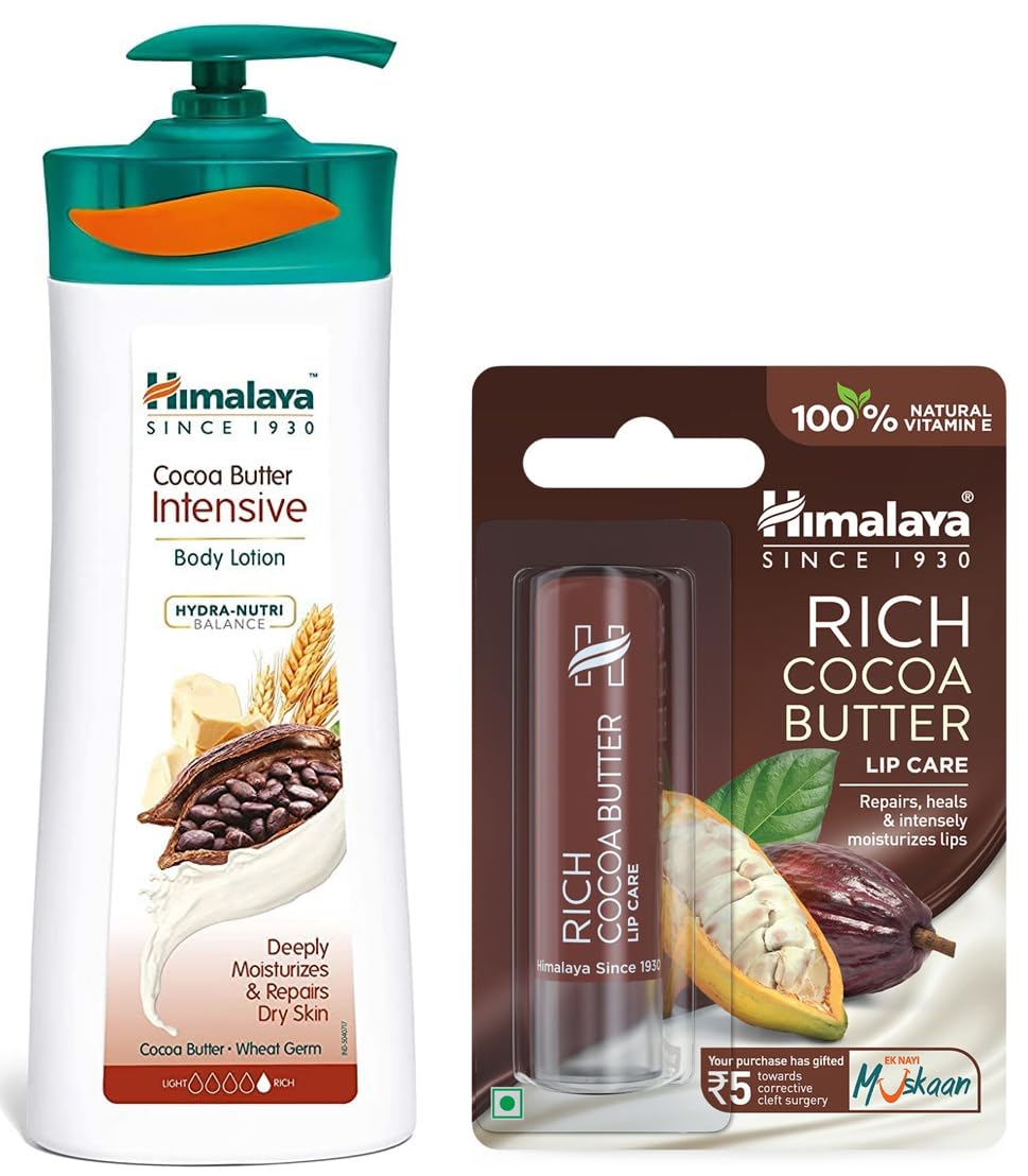 Himalaya Herbals Cocoa Butter Intensive Body Lotion 400ml & Rich Cocoa Butter Lip Balm 4.5g - Deep Moisturizing for Dry Skin & Chapped Lips - Perfect for Winter Care & Daily Hydration