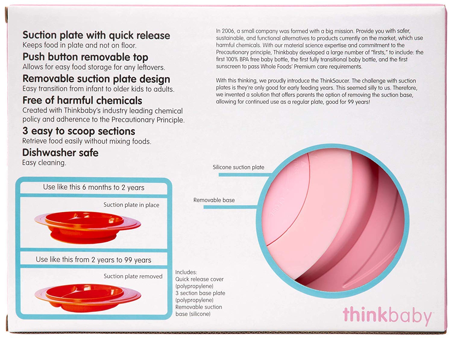 Thinkbaby ThinkSaucer Suction Plate for Babies & Toddlers - BPA-Free, Non-Slip Pink Feeding Dish - Perfect for High Chairs, Tables & Travel - Ideal for Messy Eaters & Self-Feeding Practice