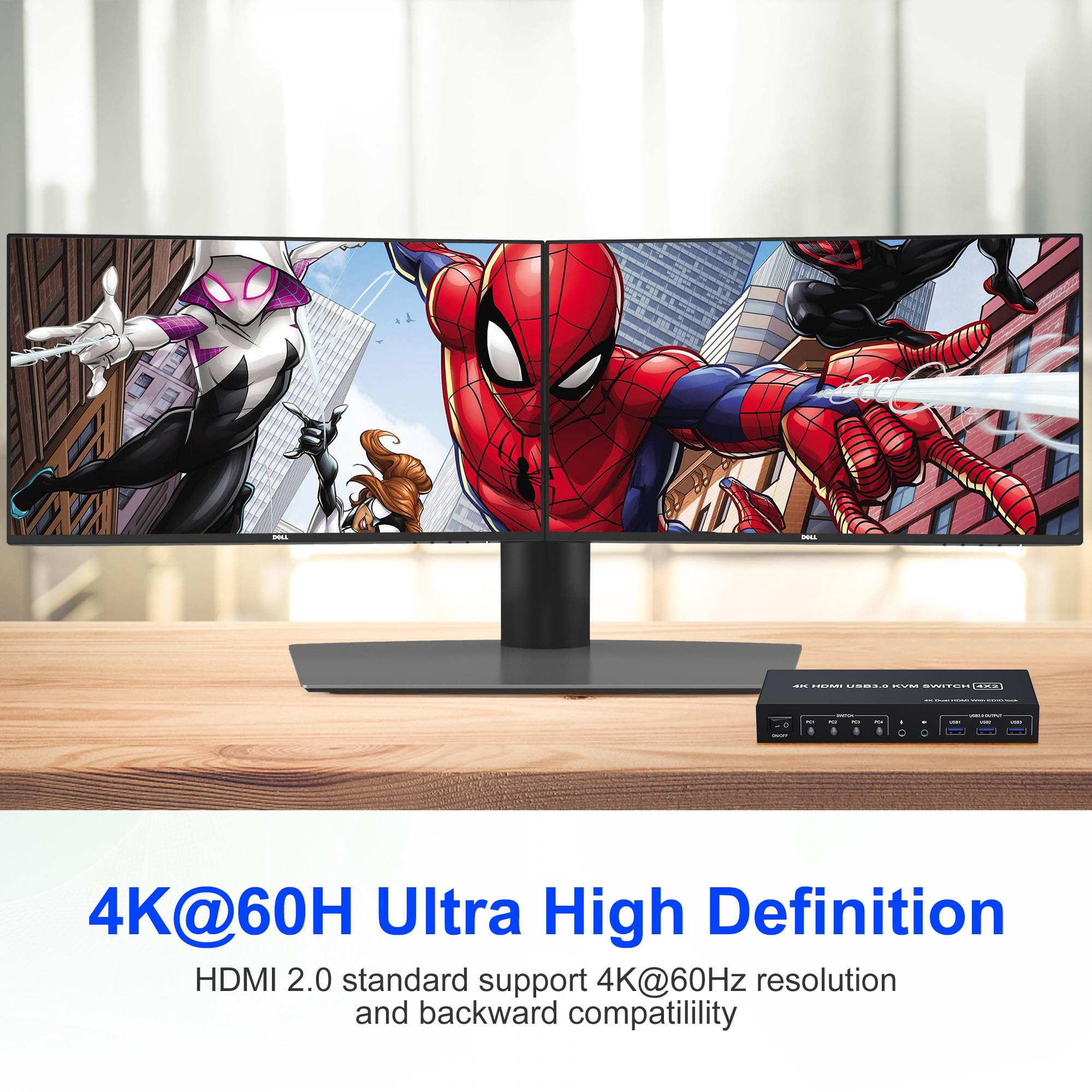 4 Port HDMI KVM Switch USB 3.0 - Dual Monitor 4K 60Hz for 4 Computers with EDID Support, Audio & Microphone Output, 3 USB 3.0 Ports - Perfect for Home Office, Gaming Setup & Multi-PC Workstations