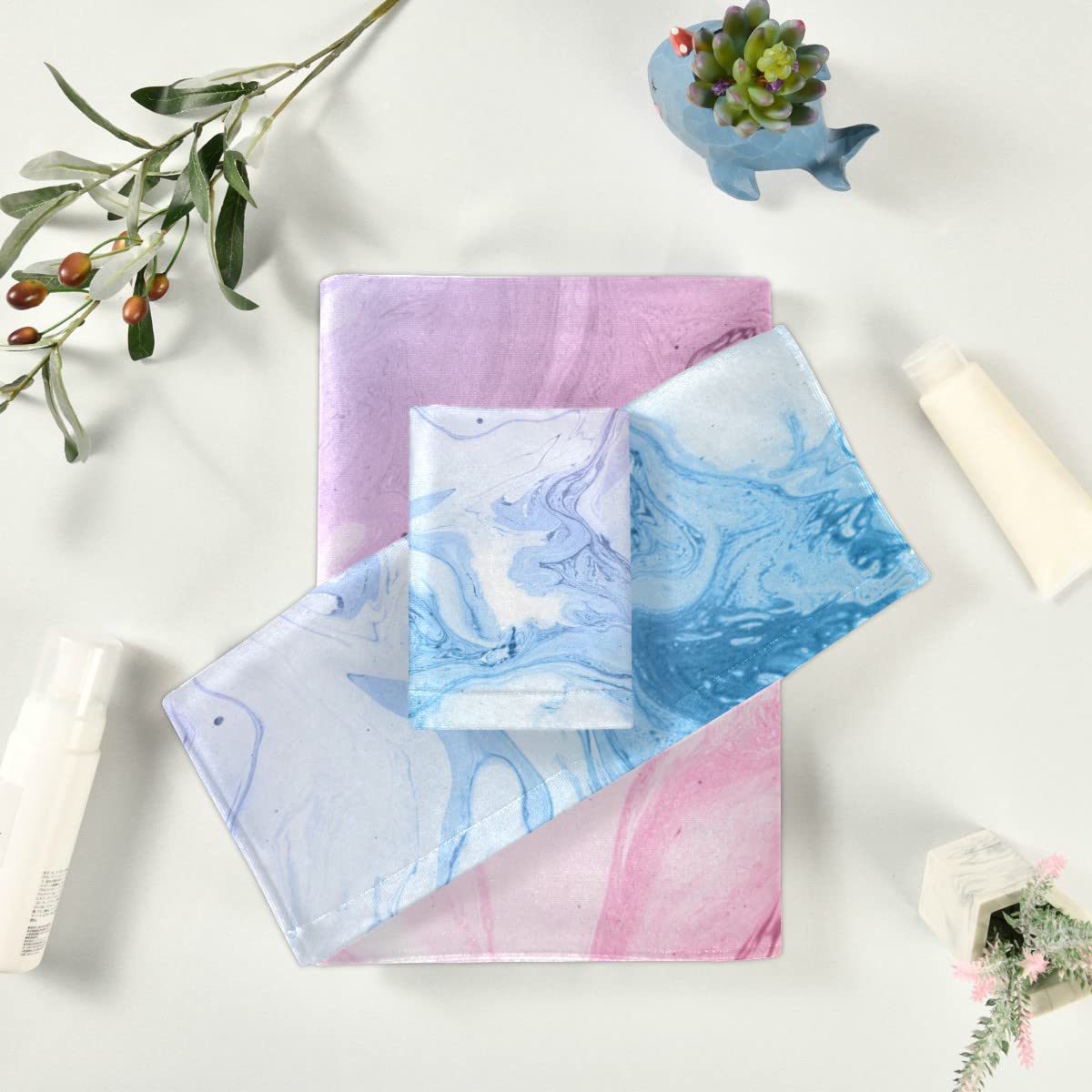 Premium 3-Piece Abstract Marble Bath Towel Set - Super Absorbent, Soft & Quick-Drying - Perfect for Bathroom, Beach, Gym & Pool Use - Pink & Blue Decorative Towels for Spa, Travel & Home Decor