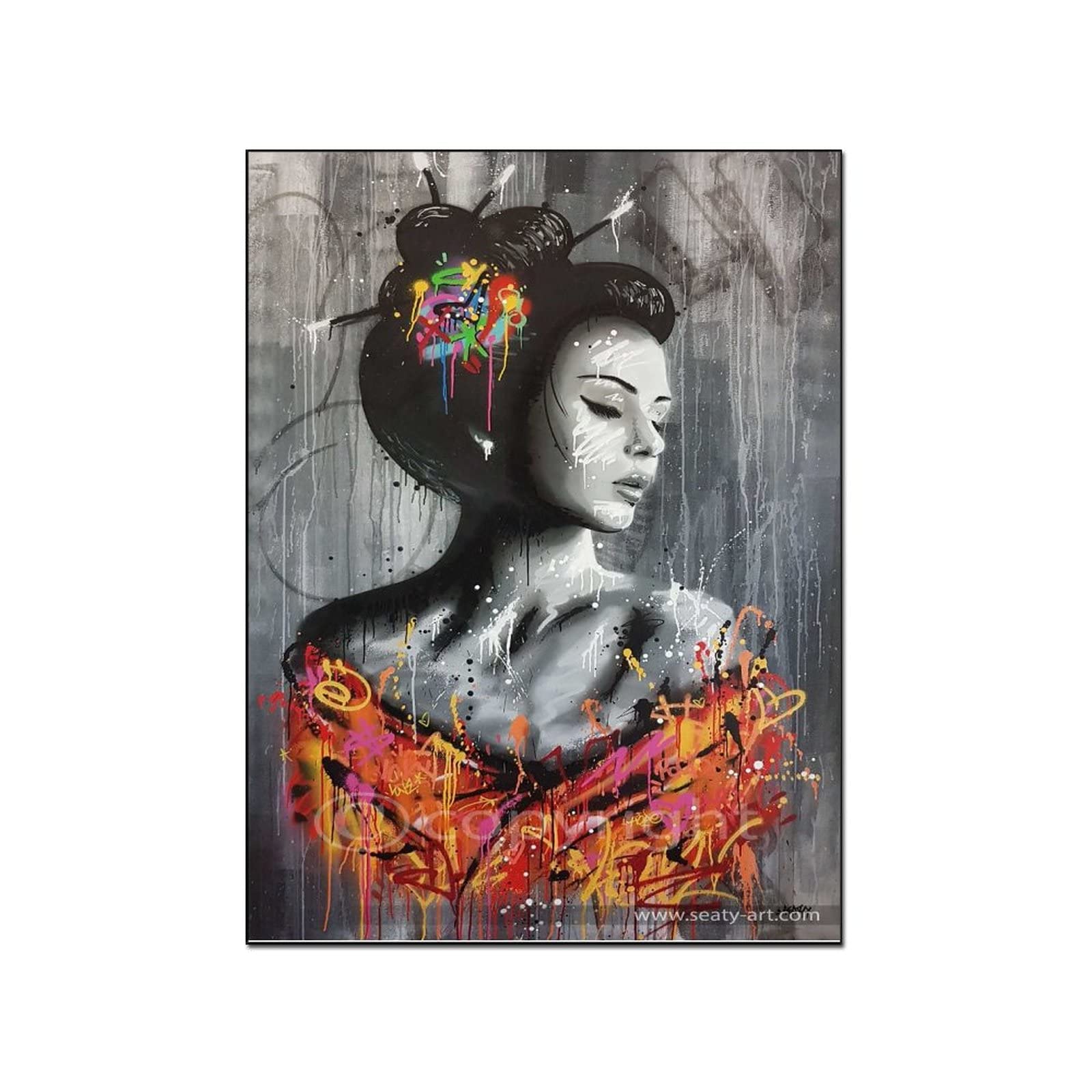 Japanese Woman Graffiti Street Art Canvas Painting - AOMACA Character Portrait Wall Art Poster for Bedroom & Living Room Decor - 20x26inch (51x66cm) - Perfect for Urban Style Home & Office Decoration