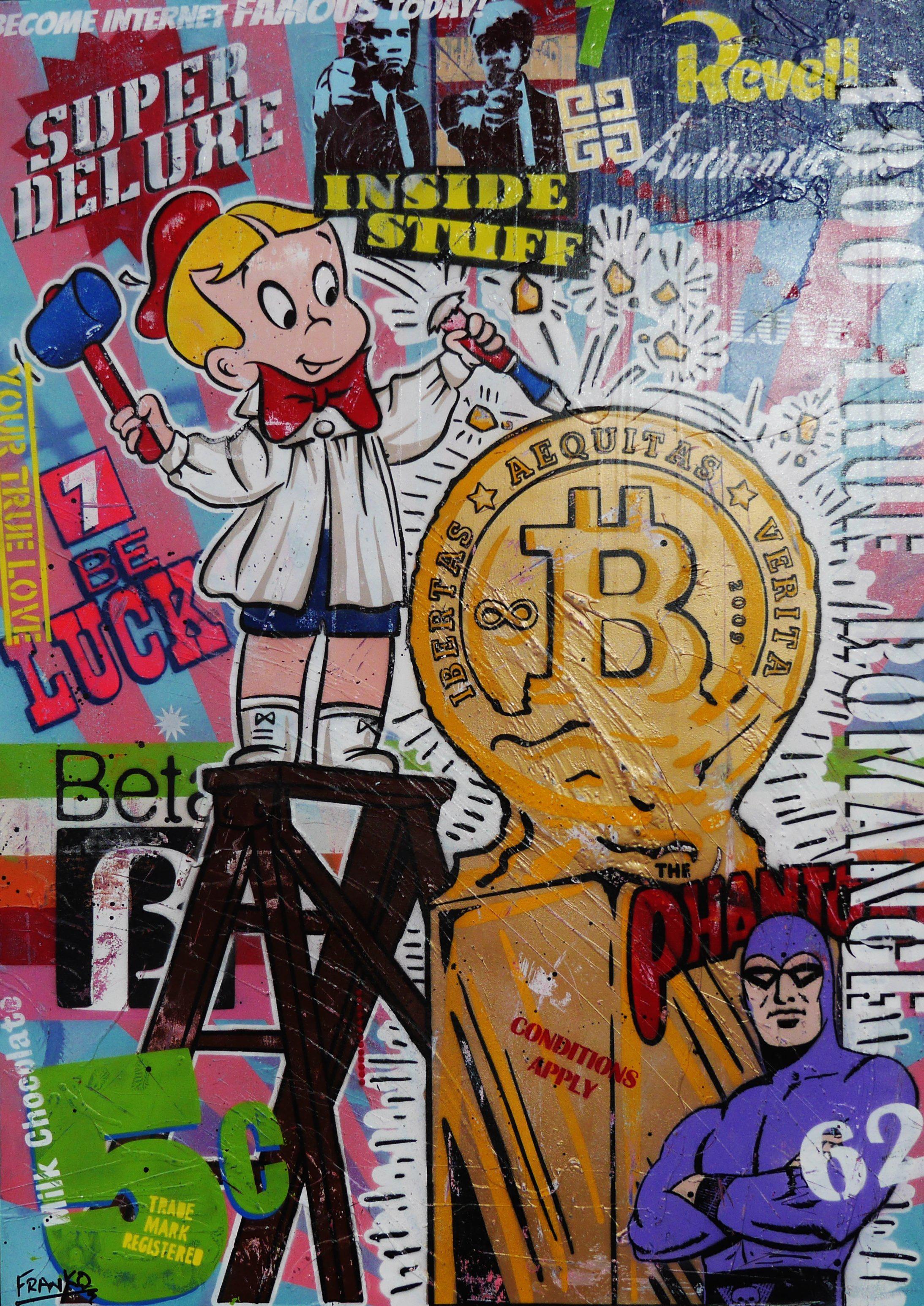 Bit By Bit 140cm x 100cm Richie Rich Bitcoin Art Print - Crypto Wall Decor for Home Office & Man Cave - Unique Digital Currency Gift for Bitcoin Enthusiasts