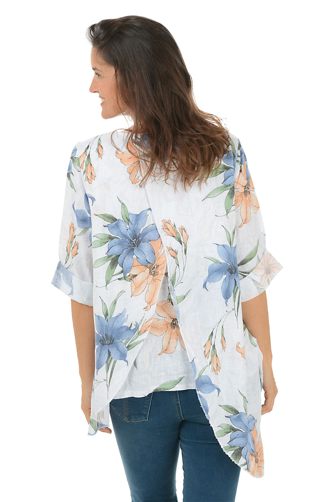 Elegant White Floral Asymmetrical Linen Blouse for Women - Breathable Summer Tops for Casual Outings & Office Wear