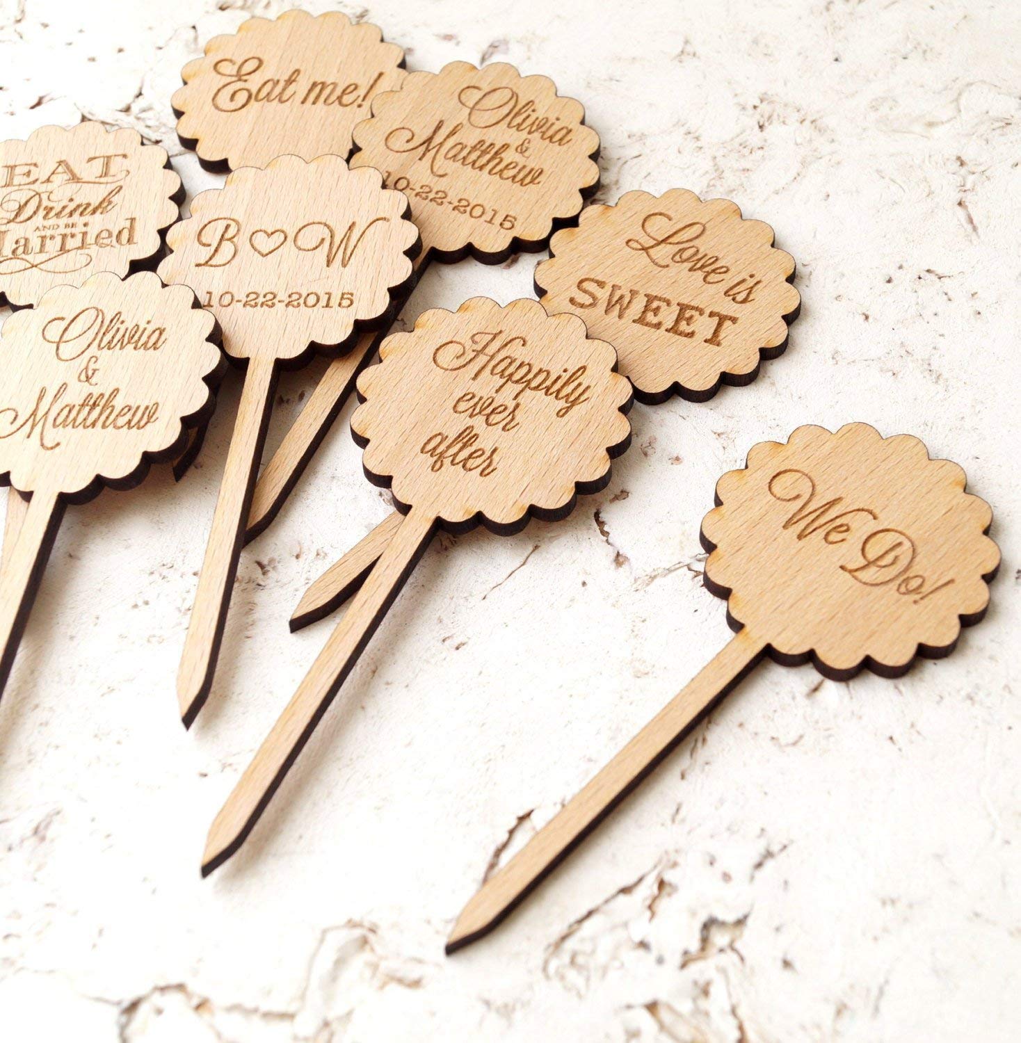 Personalized Wooden Cupcake Toppers - Rustic Wedding Cake Decorations - Custom Engraved Cupcake Picks (12 Pack) - Perfect for Bridal Showers, Anniversary Parties & Baby Showers