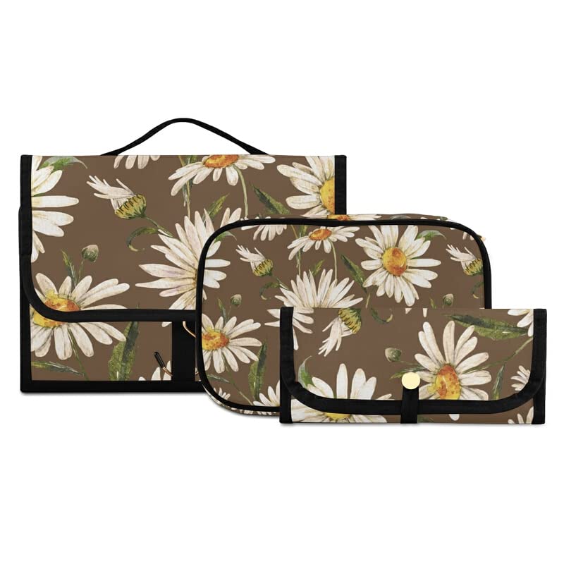 MNSRUU Large Hanging Toiletry Bag with Daisy Floral Design - 3-Piece Clear Travel Cosmetic Organizer Set for Women, Portable Makeup & Bathroom Essentials Storage - Perfect for Vacation, Gym, Camping & Daily Use