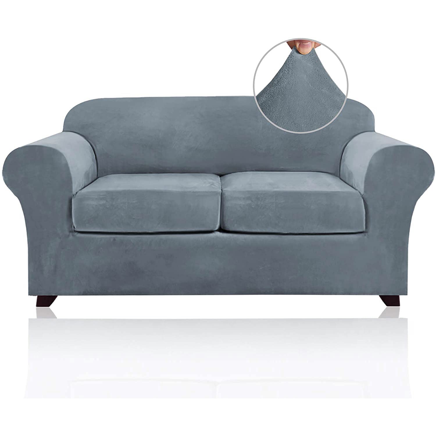 PrinceDeco Velvet 3-Piece Washable No-Slip Sofa Slipcover for 2-Cushion Loveseat (Up to 72