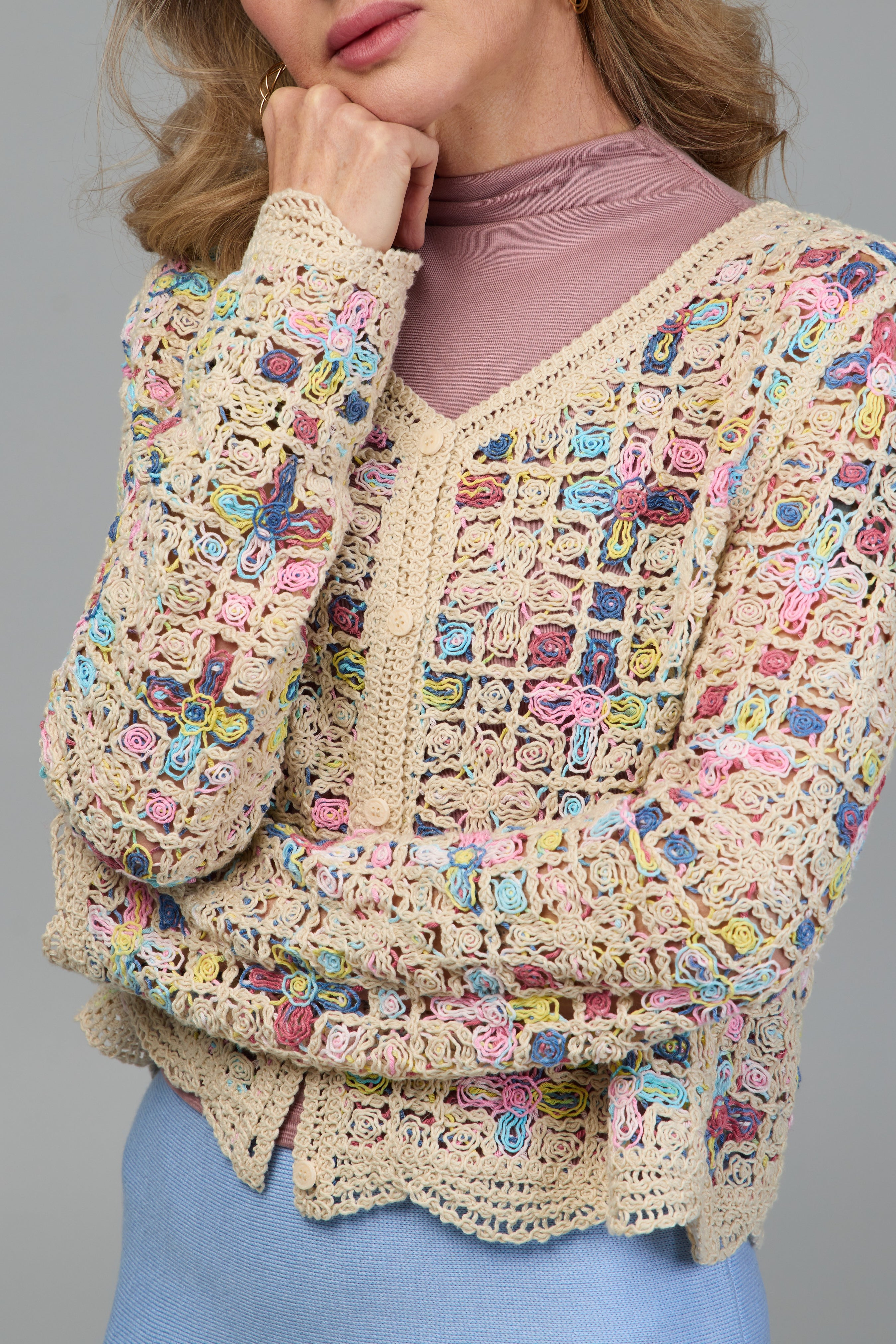 Scalloped Floral Crochet Cardigan for Women - Boho Lace Knit Sweater Lightweight Open Front Cover Up - Perfect for Spring, Summer, Beach, and Casual Outfits