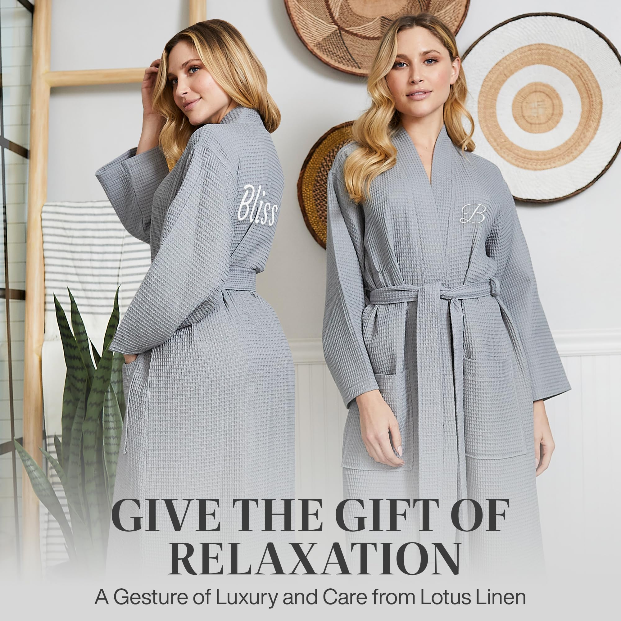 Lotus Linen Women's Lightweight Waffle Weave Robe - Soft Long Cotton Bathrobe - Kimono Style Spa Robe for Women - Perfect for Bath, Lounge & Relaxation at Home