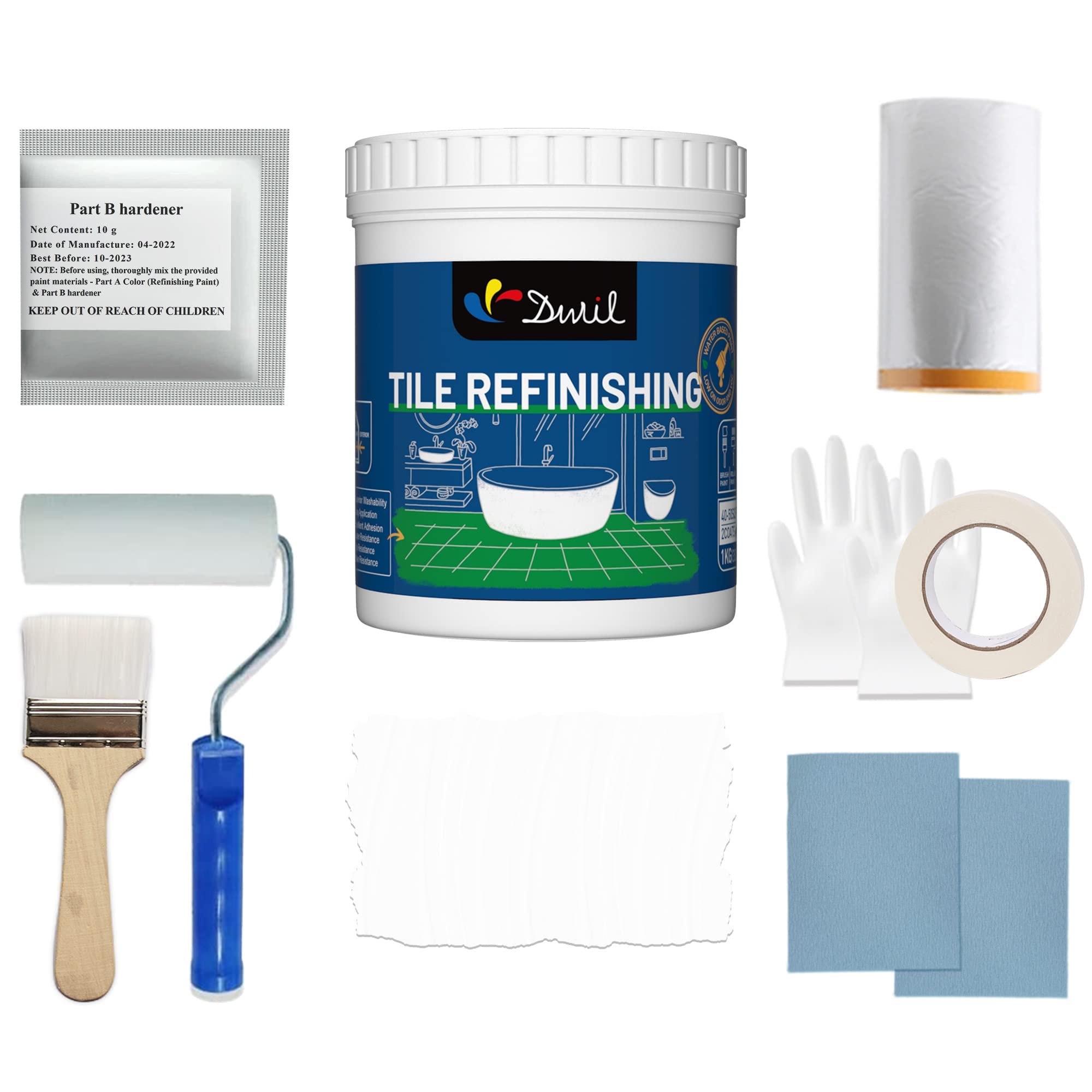 DWIL Tub & Tile Refinishing Kit - Water-Based Low Odor Bathtub Paint for Bathroom & Kitchen - Semi-Gloss White (Covers 25-30 sq.ft) - Includes Tools for Easy DIY Application - Perfect for Updating Old Tubs, Sinks, and Tiles Without Replacement