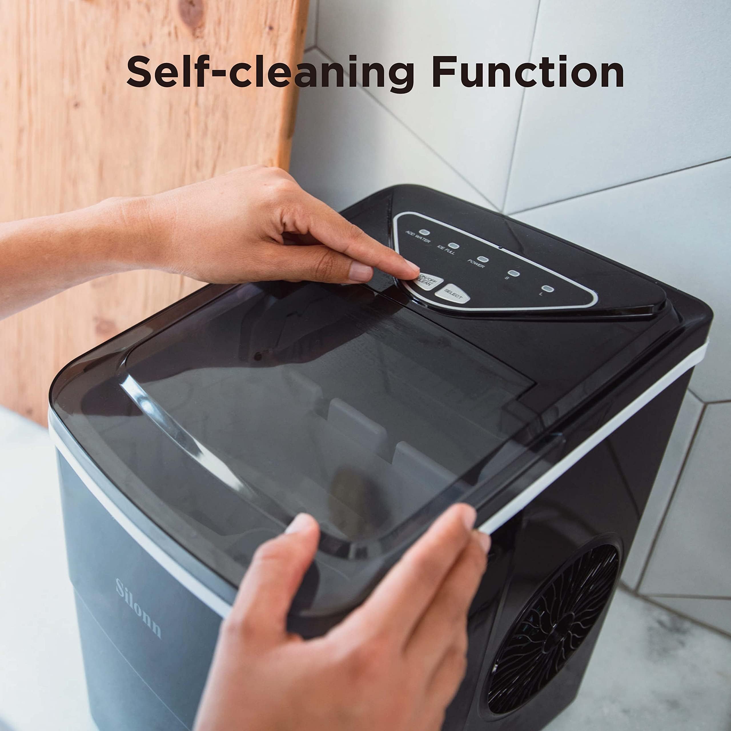 Silonn Portable Countertop Ice Maker Machine - 26lbs/24Hrs, Auto-Cleaning, 2 Ice Size Options (Bullet Ice) for Home, Kitchen, Office, Bar & Parties | Perfect for Cocktails, Beverages & Outdoor Events - Black