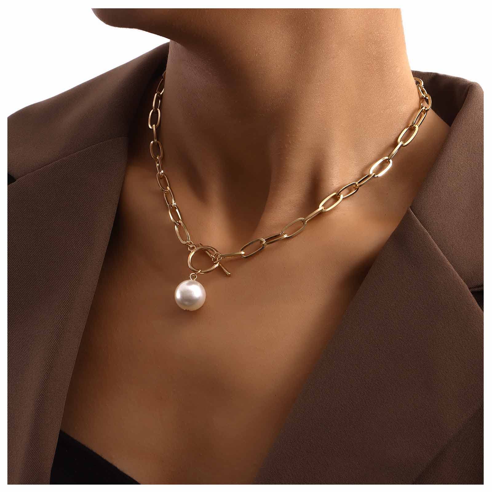 Bohemian Pearl Pendant Necklace with Paperclip Chain - 18K Gold Plated T-Bar Necklace Jewelry for Women & Girls | Perfect for Weddings, Parties & Everyday Elegant Style