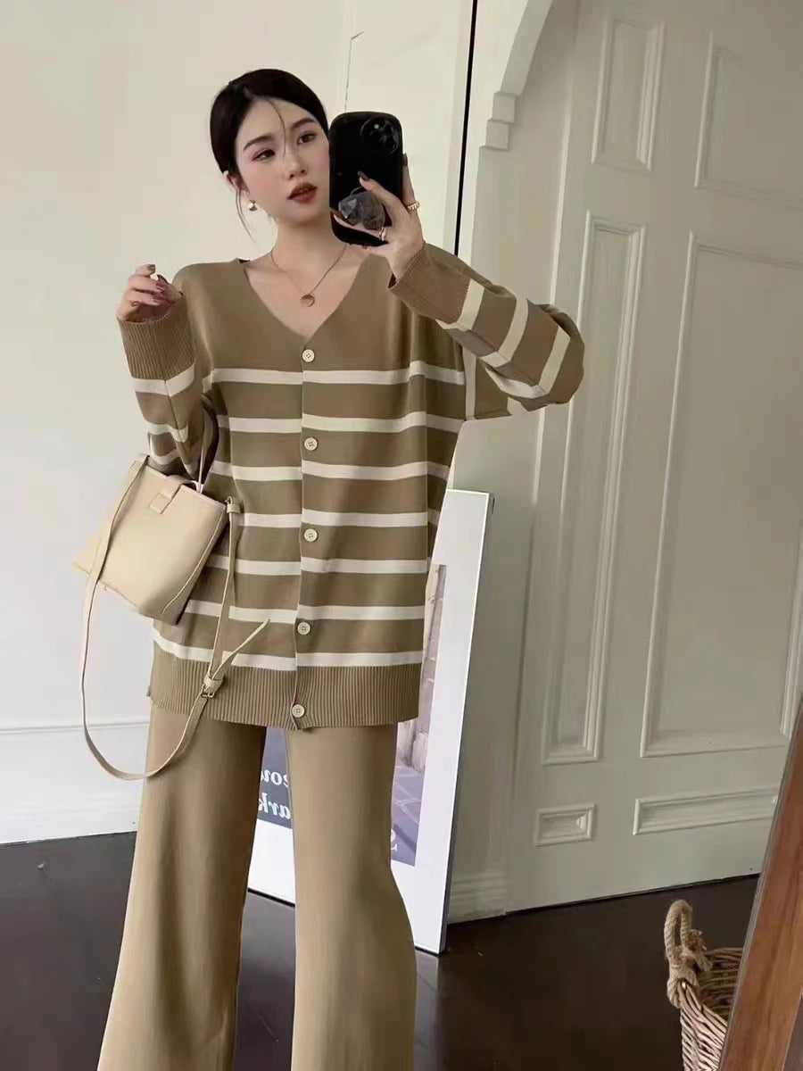 Trendy Autumn/Winter Striped Knit Sweater with Low Neck & Long Sleeves + High Waist Wide Leg Pants Set - Perfect for Casual Outings, Office Wear & Holiday Outfits