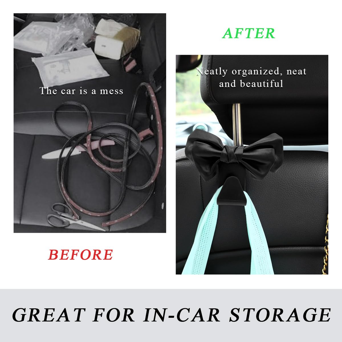2 PCS Car Seat Headrest Hooks - Durable Leather Bow-Shaped Backseat Organizer Hooks for Purses, Coats & Umbrellas - Vehicle Storage Accessories (Black) - Perfect for Road Trips, Commuting & Family Travel